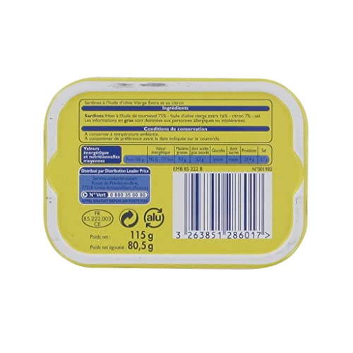 Leader Price sardines huile d'olive citron 115 g conserve