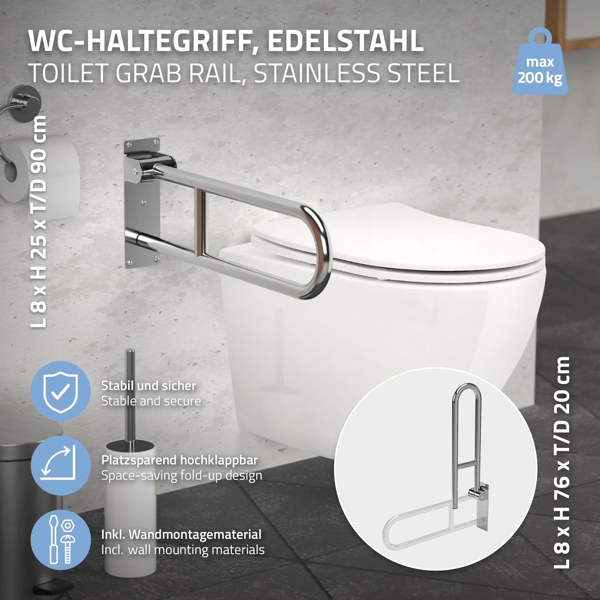 ML-Design Barre appui WC rabattable inox 60 cm 200 kg