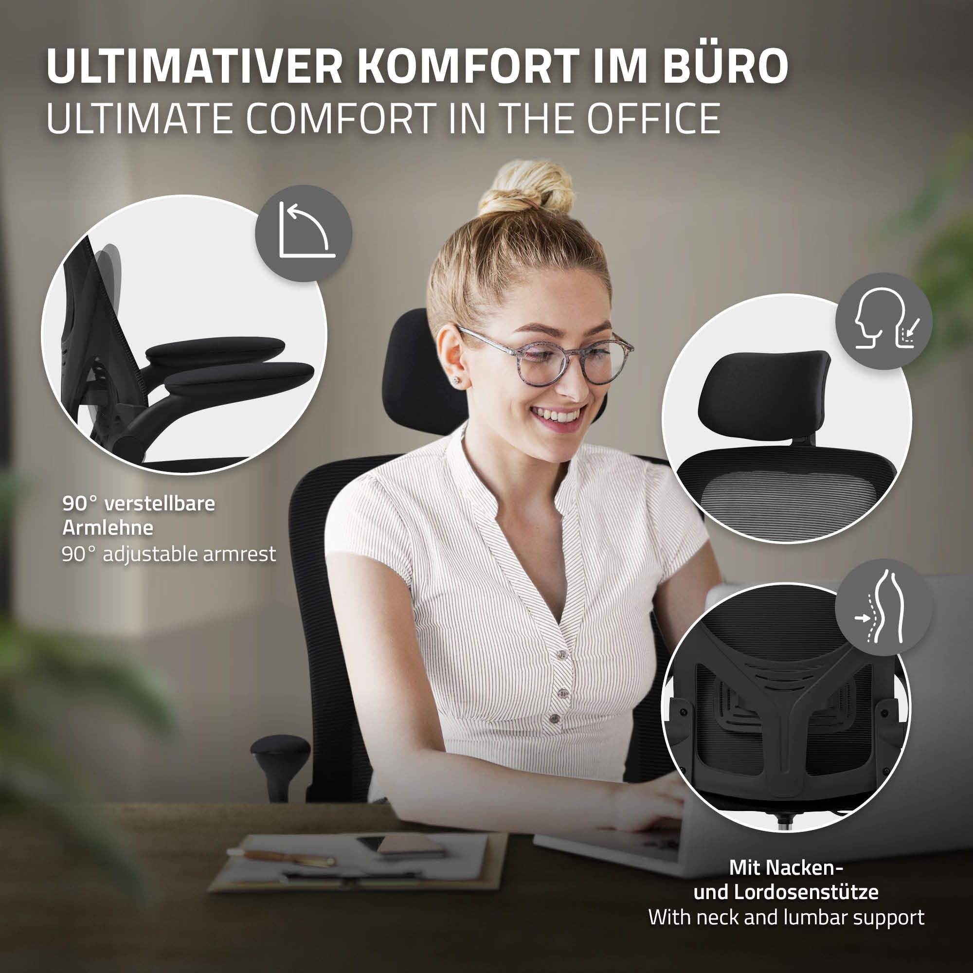 ECD Möbel ML-Design chaise bureau gris ergonomique filet