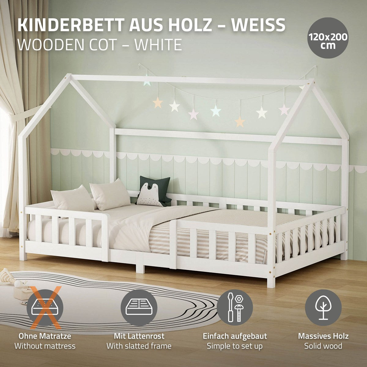 ECD Germany Kinder lit cabane 120x200 cm pin blanc barrière