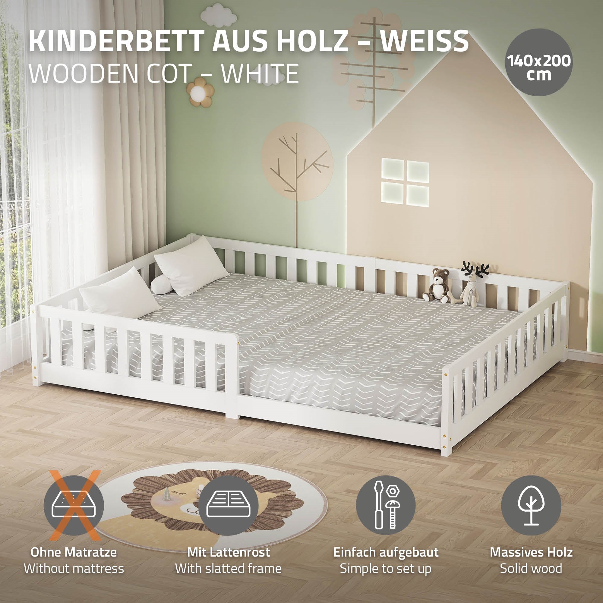 ML-Design lit enfant 140x200 cm blanc pin sommier barrière