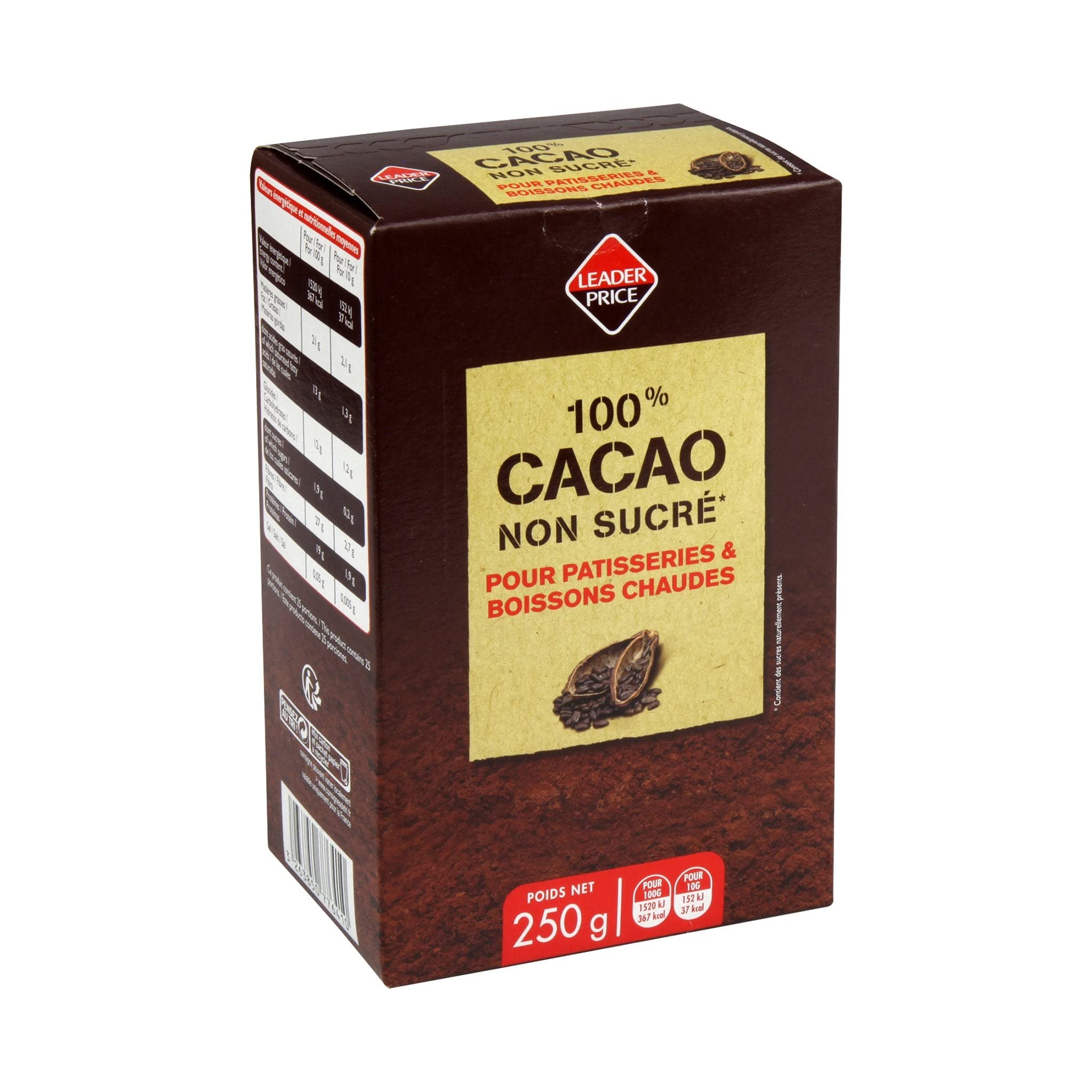 Leader Price Petit-déjeuner cacao non sucré 250g lot de 6 boîtes