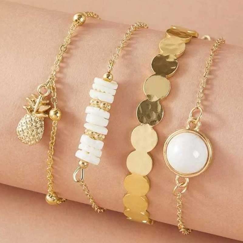 Shop-Story Ananas Bracelet Ensemble 4 Bracelets Perles Or Tropical