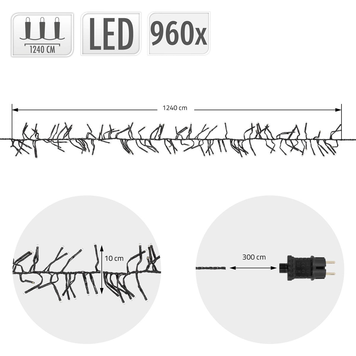 ECD Germany guirlande LED blanc chaud 12,4 m 960 LED IP44