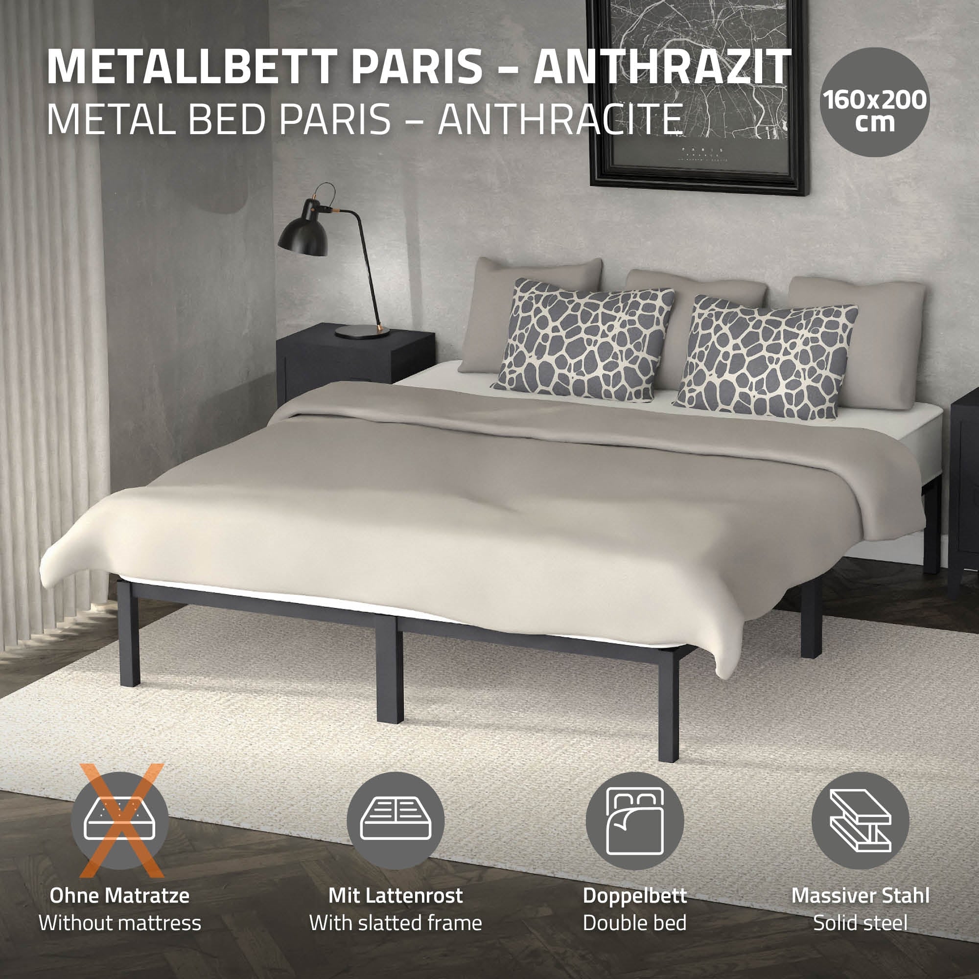 ECD Germany Möbel Lit double métal 160x200 anthracite