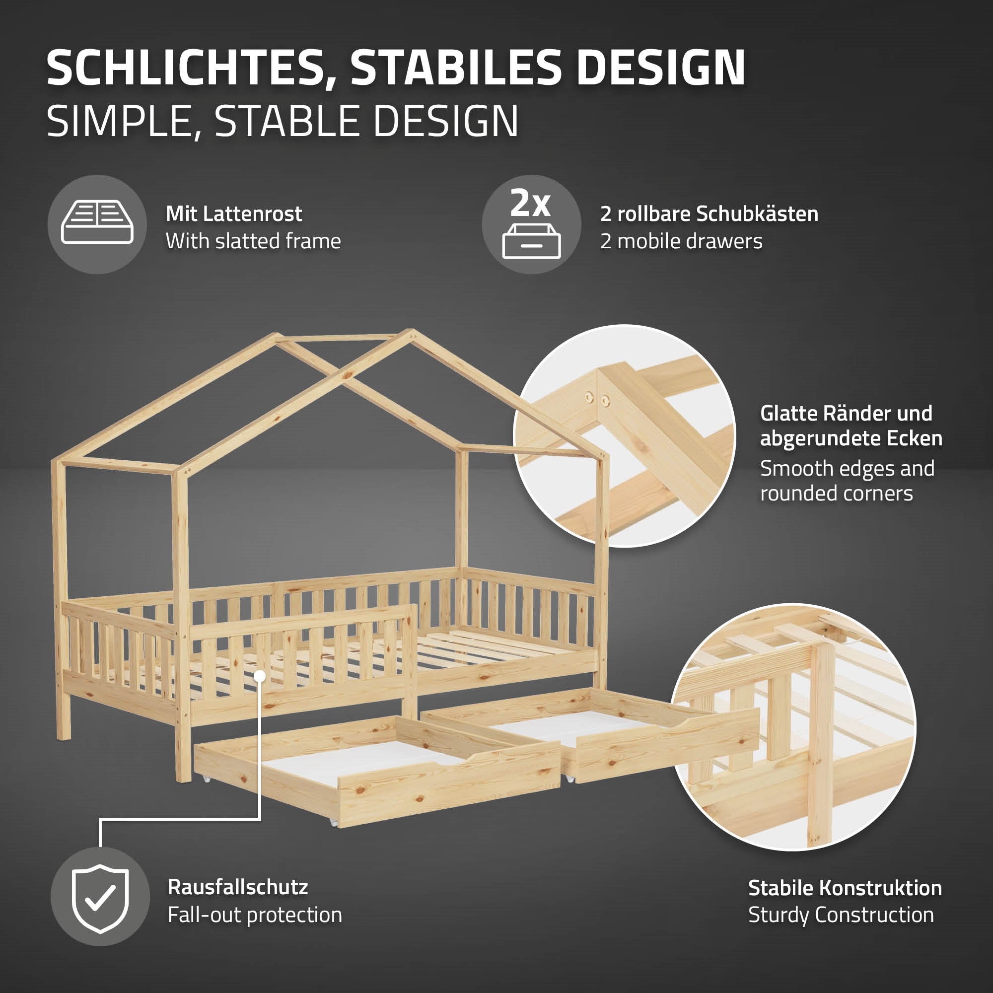 ECD Germany Kinder Lit cabane 90x200 naturel avec matelas et tiroirs