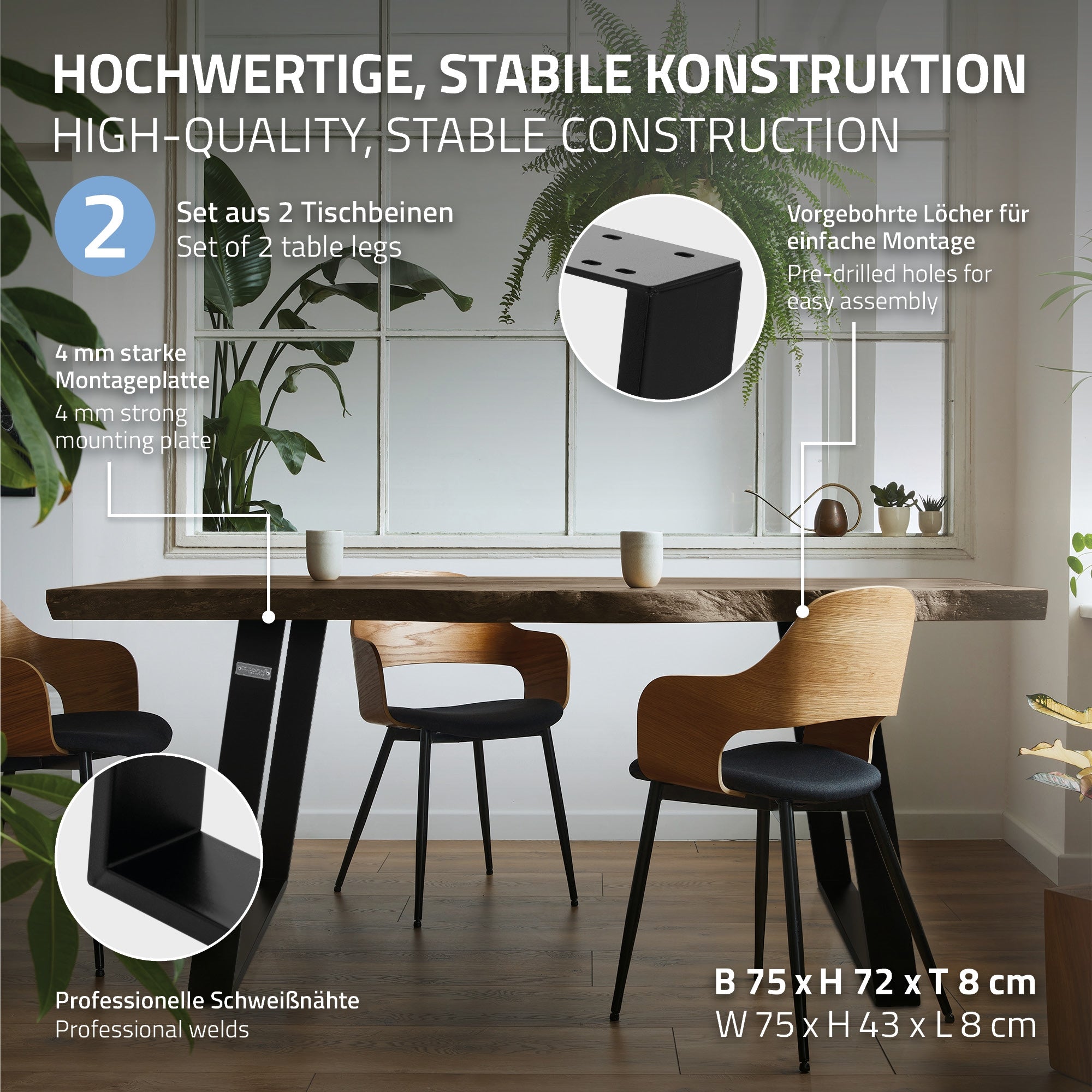 ECD Germany ML-Design pied de table noir 75x72 cm lot de 2