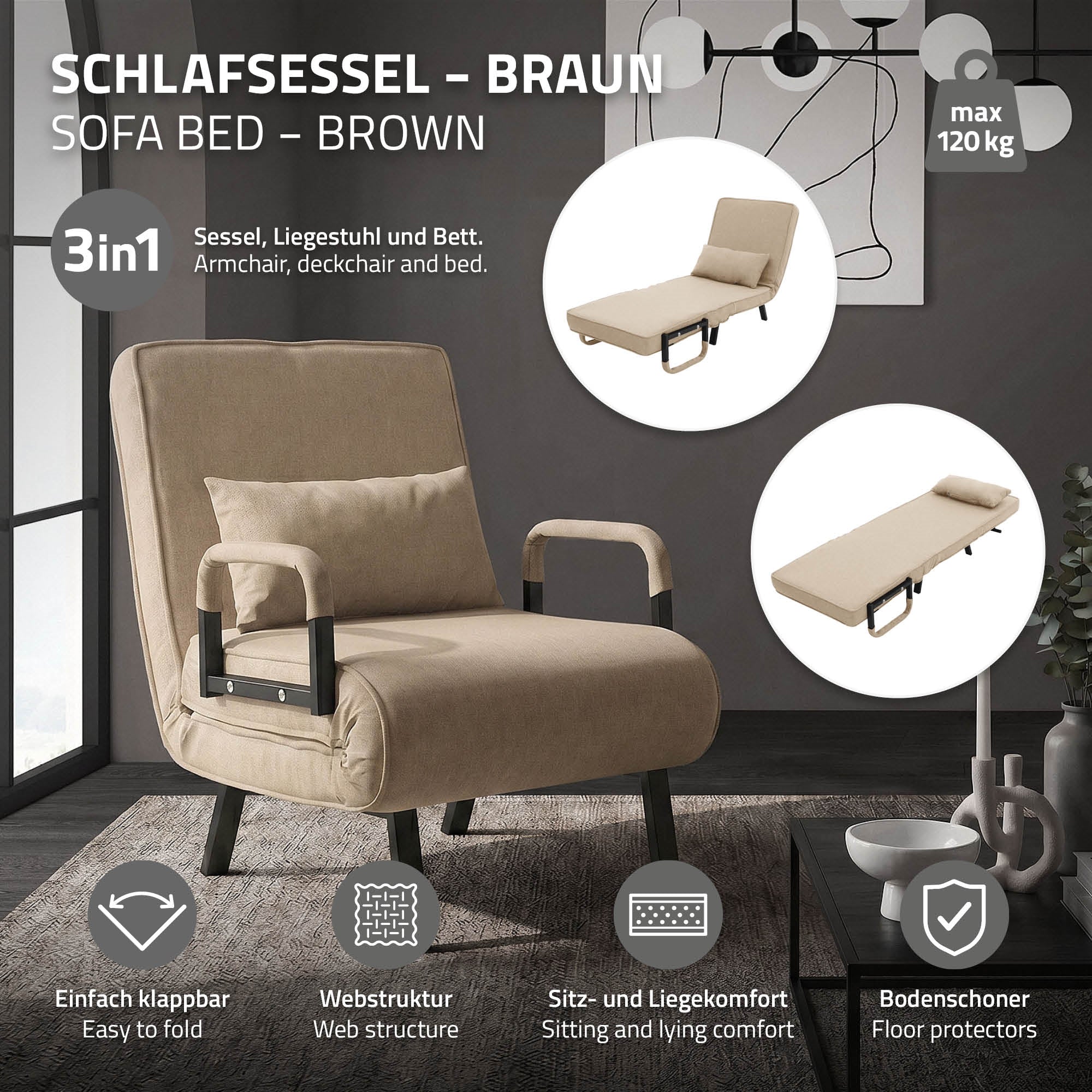 ECD Germany Möbel fauteuil convertible 186x60 chenille vert