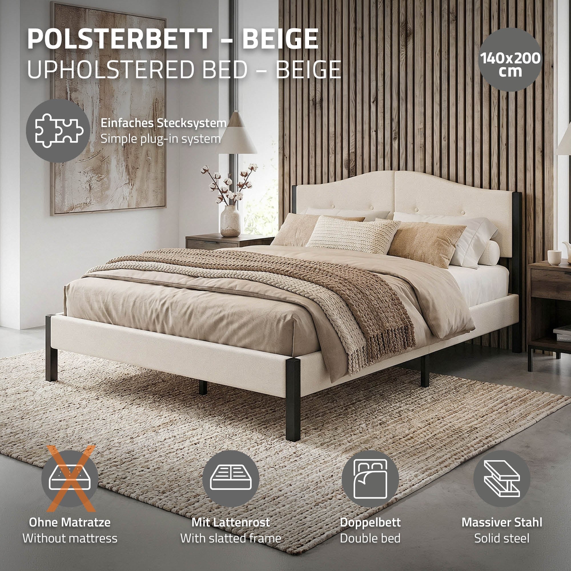 ECD Germany Möbel lit double 140x200 beige tissu capitonné