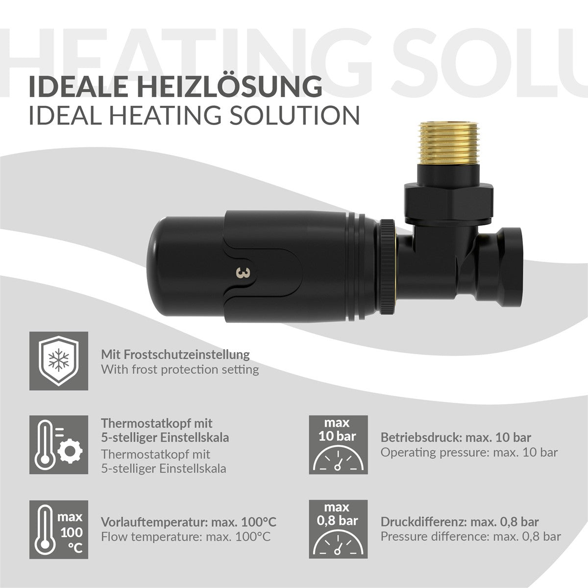 LuxeBath Robinet thermostatique radiateur noir 1/2" équerre laiton