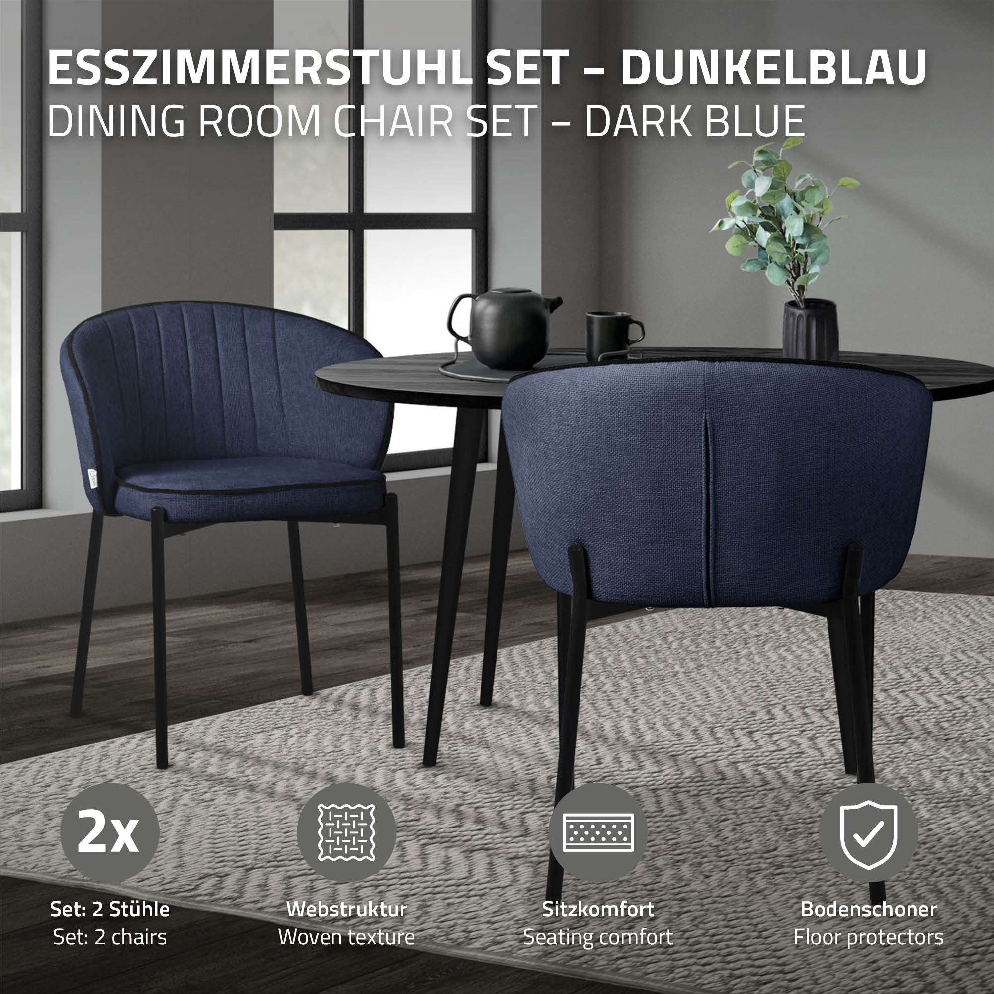 ML-Design 2 chaises salle à manger bleu foncé tissu 120 kg
