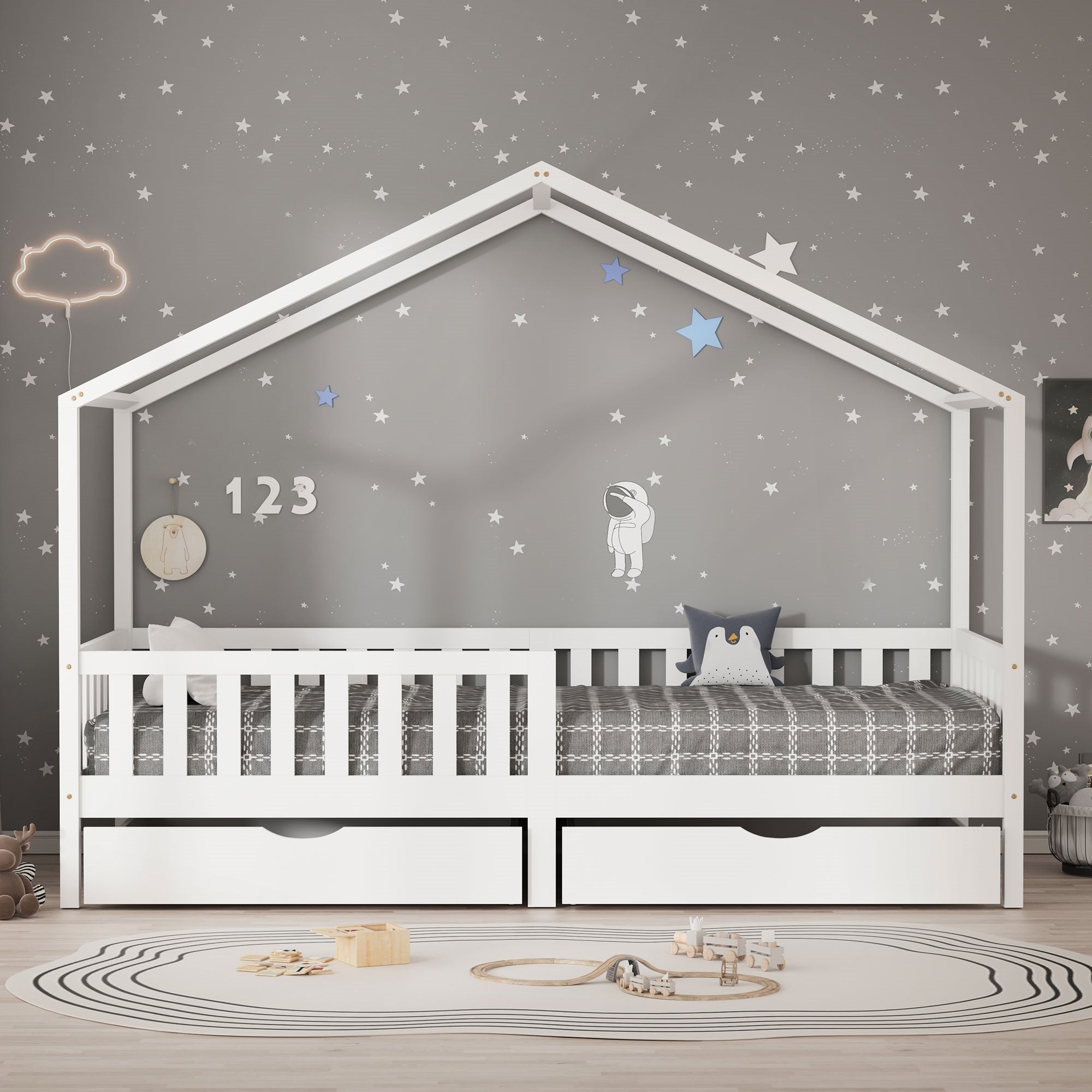 ECD Germany Kinder lit cabane 90x200 blanc 2 tiroirs pin