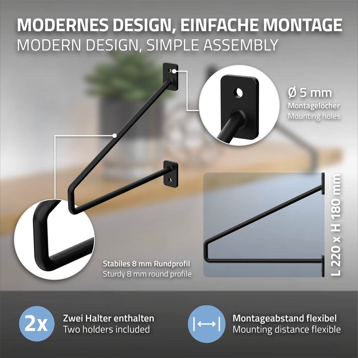 ECD Möbel Consoles murales acier argent blanc x2 220/265 mm