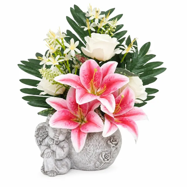 Stokomani Maison lys roses palmes pot ange cœur composition florale ciment 41 cm