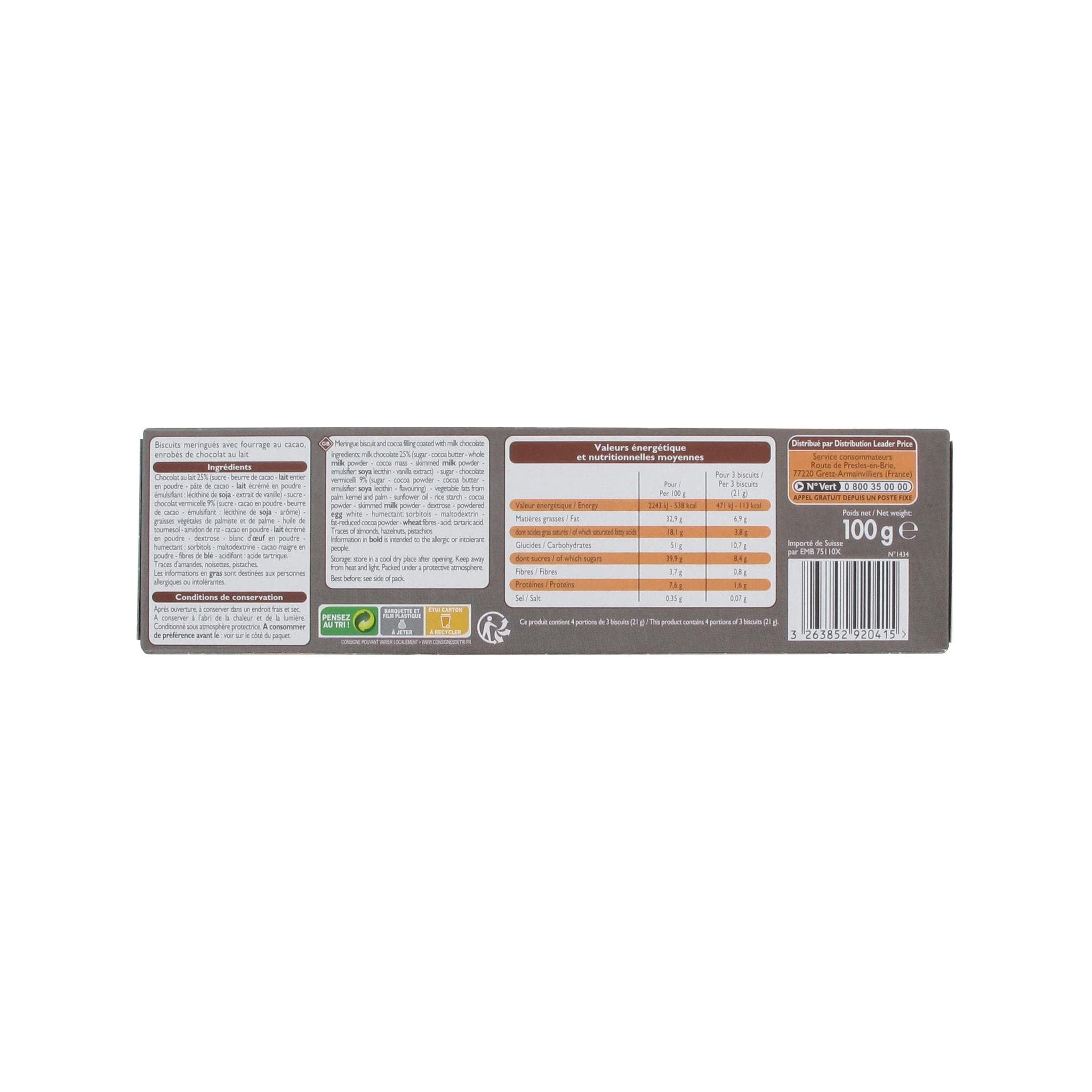 Leader Price Biscuits meringués truffés chocolat au lait 100g lot 9
