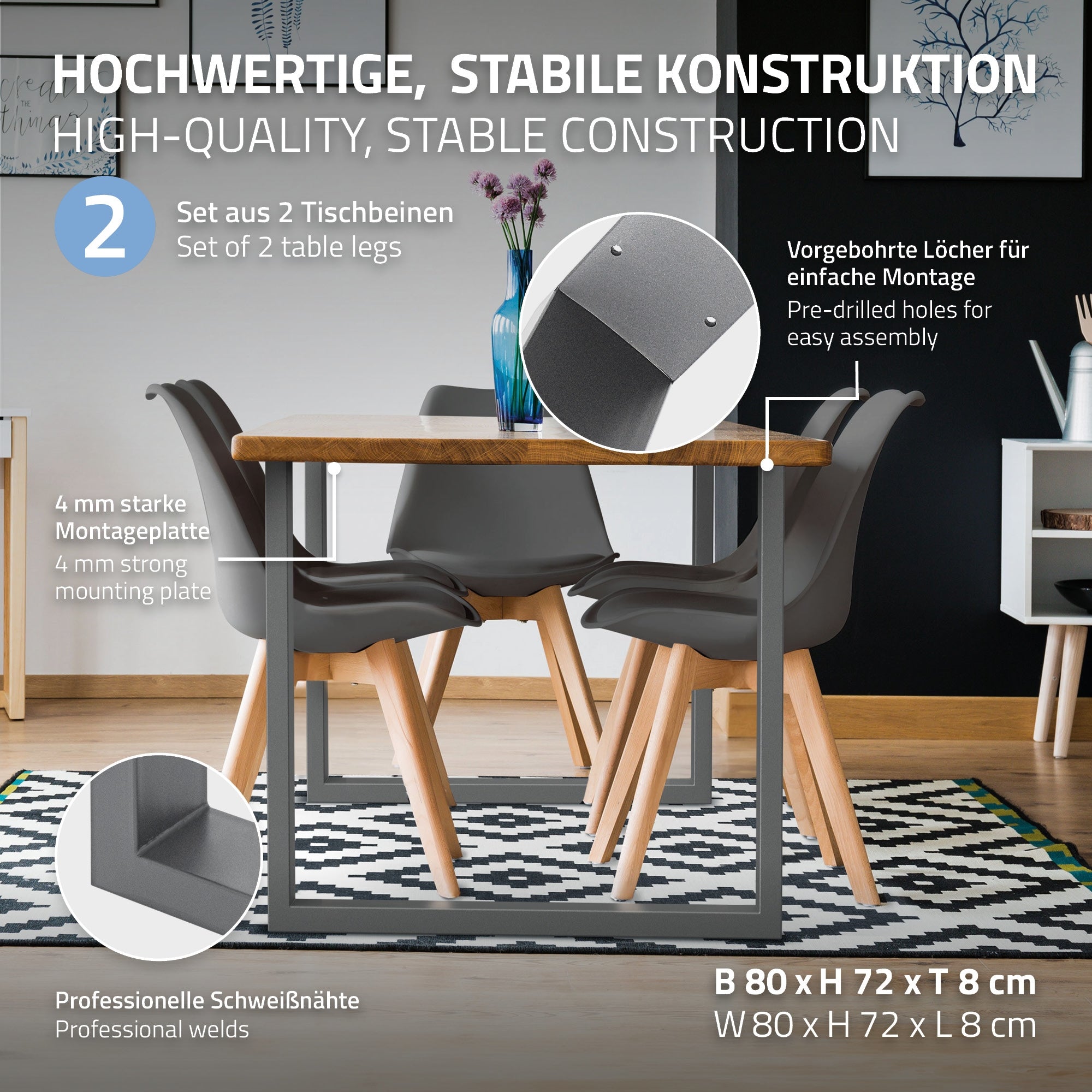 ML-Design pied table U 80x72 gris acier lot de 2