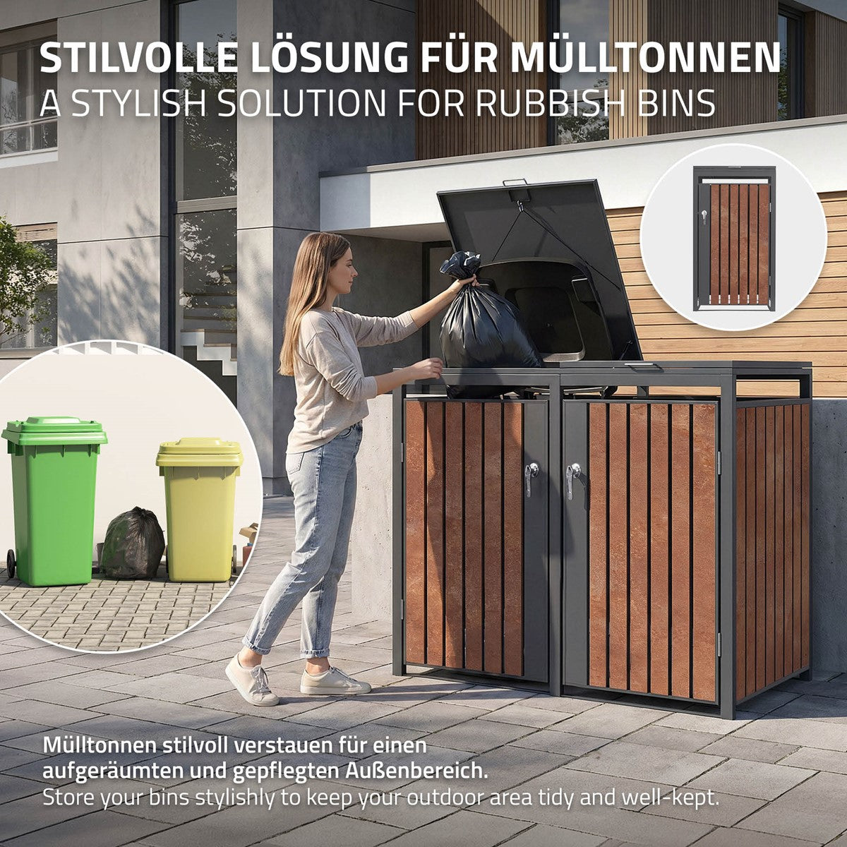 ECD Germany cache-poubelles acier rouille 3x240L 200 cm