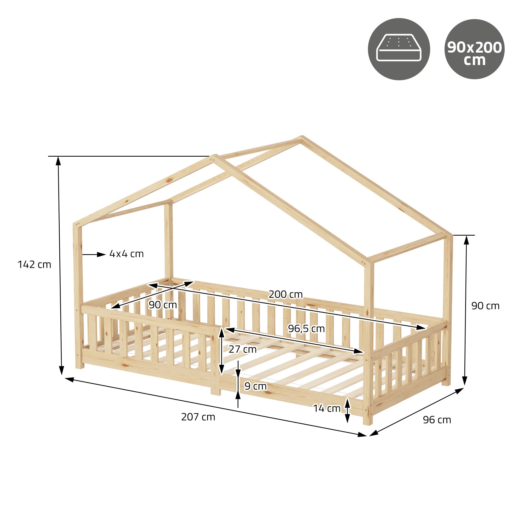 ECD Germany Kinder Lit cabane 90x200 cm nature pin avec sommier