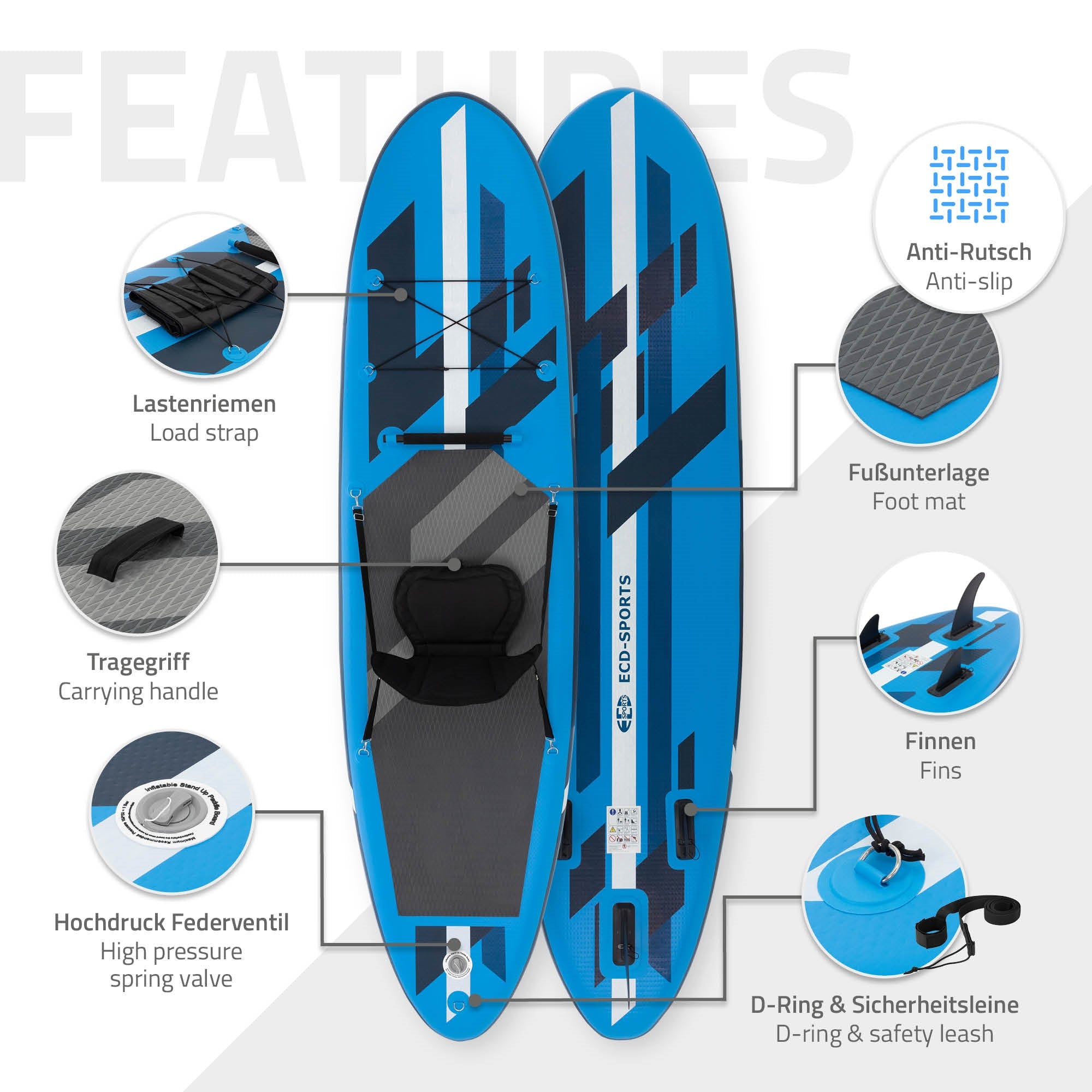 ECD Germany Paddle gonflable SUP 320 cm bleu PVC siège kayak