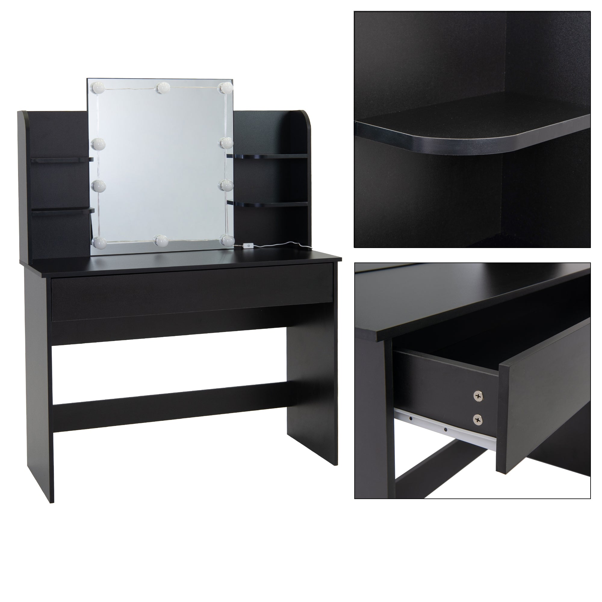 ECD Möbel coiffeuse noire LED 108 cm miroir tiroir