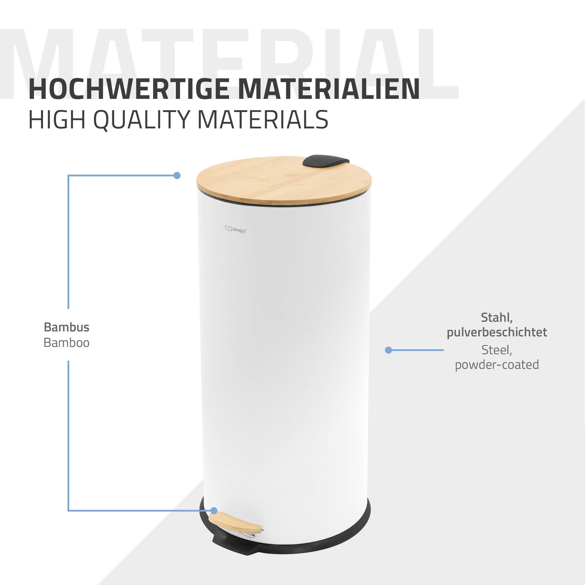 ECD Germany Möbel poubelle à pédale 30L blanche bambou