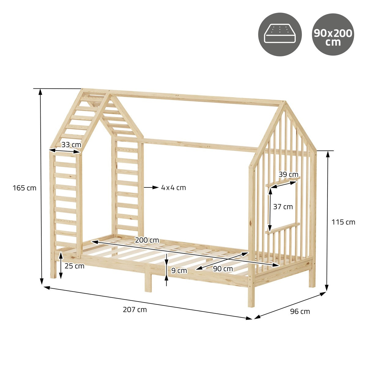 ECD Germany Kinder lit cabane 90x200 naturel pin massif
