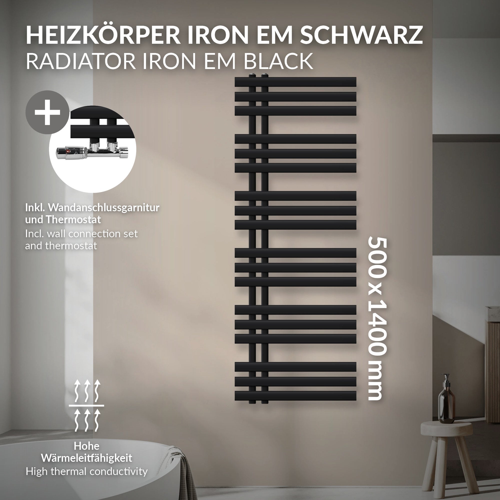 ECD Germany Iron EM sèche-serviettes noir mat 500x1400 mm