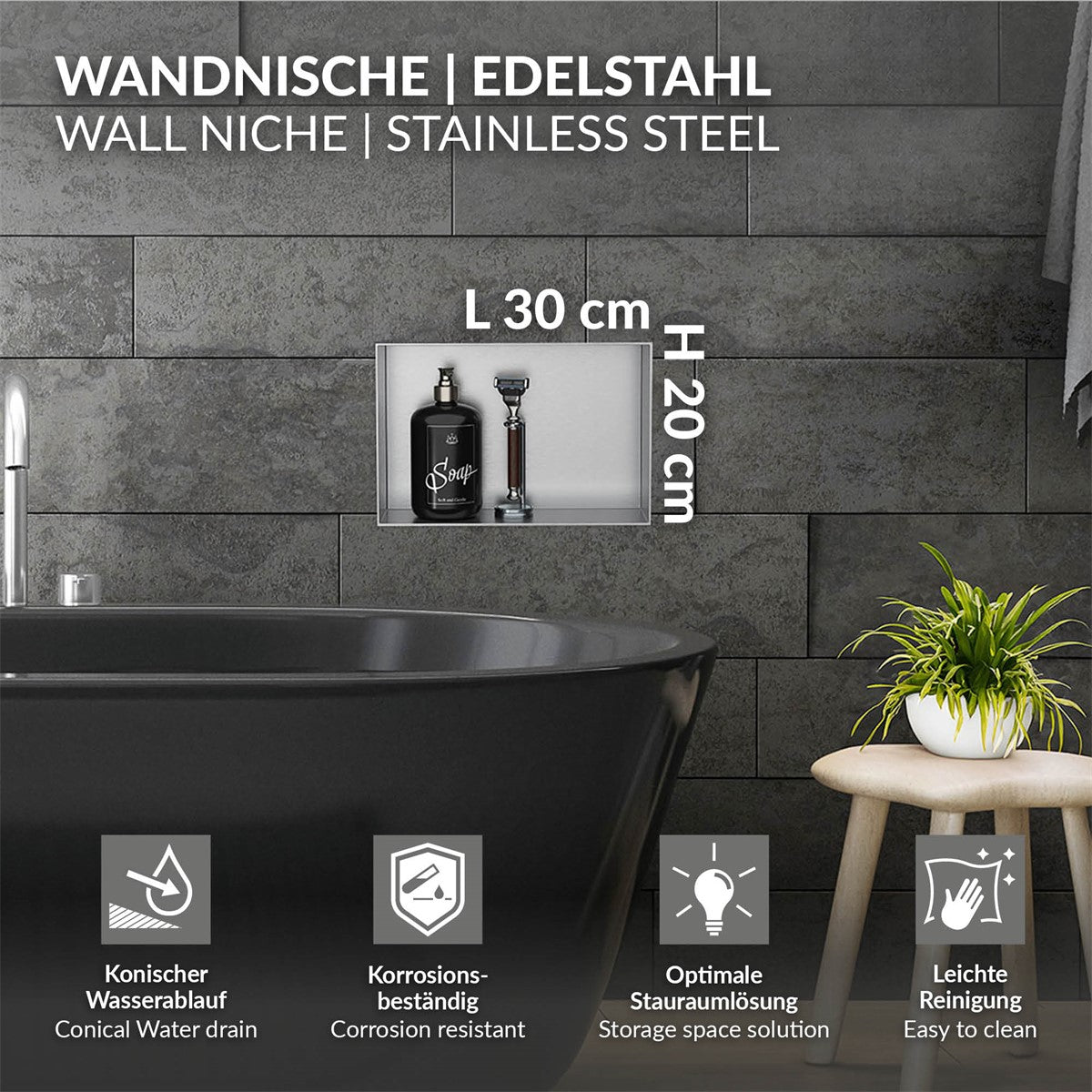 ECD Germany LuxeBath niche douche inox noire 30x30x10 cm