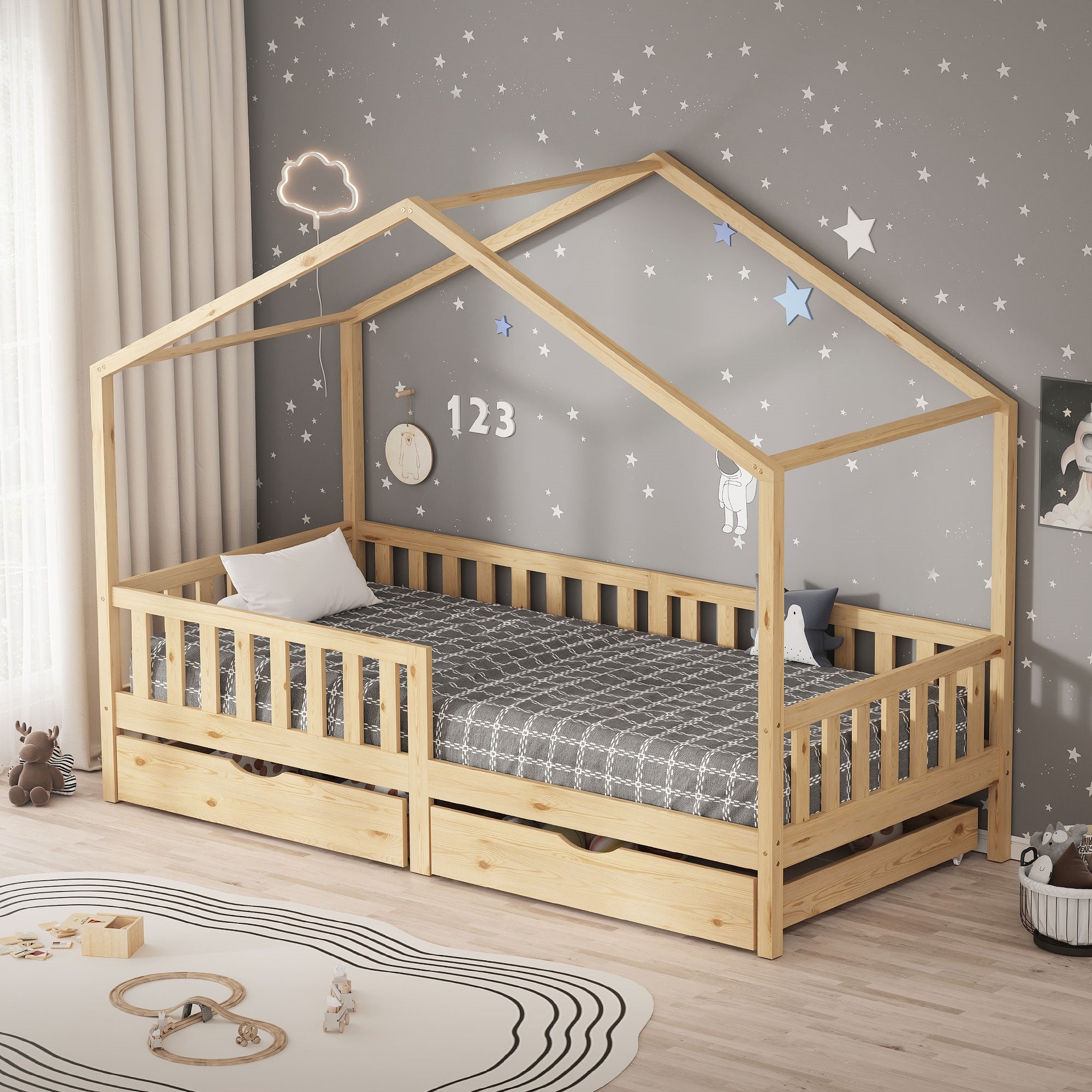 ECD Germany Lit cabane enfant nature 90x200 + 2 tiroirs