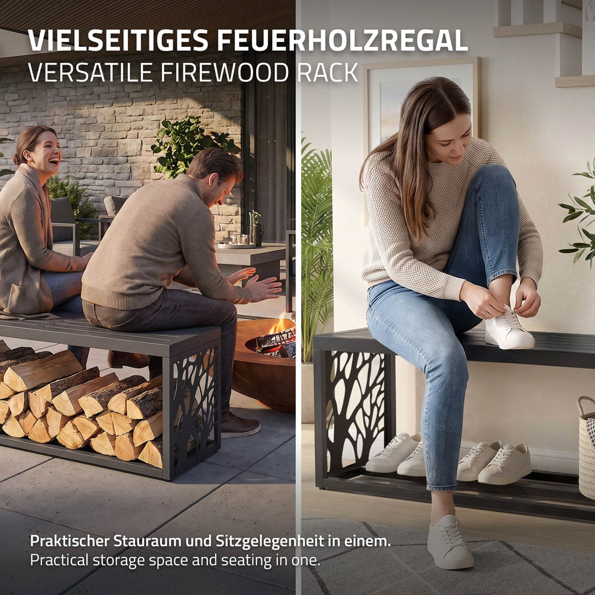 ECD Germany Range-Bûches Banc Acier Anthracite 120x38x43 cm