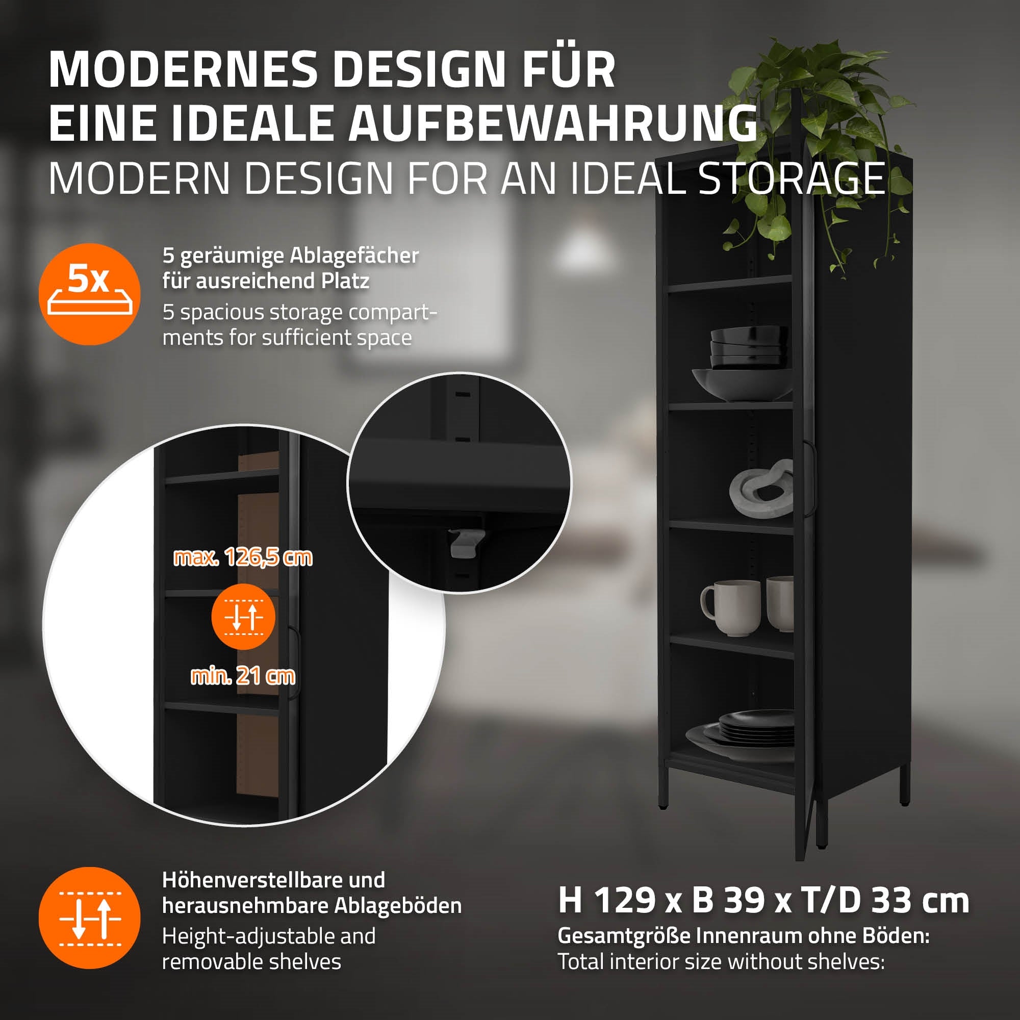 ECD Germany Möbel vitrine métal noir 45x145x35 cm