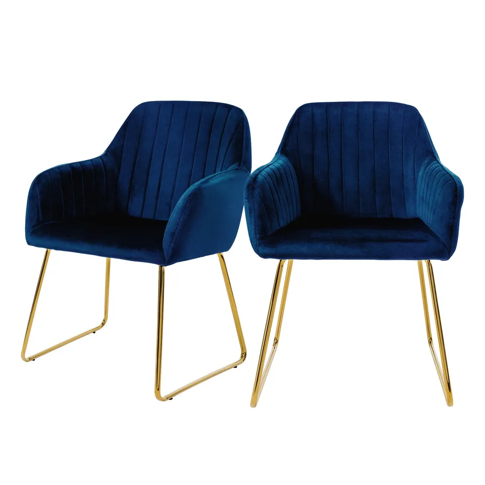 ML-Design chaise salle velours bleu pieds or lot 2