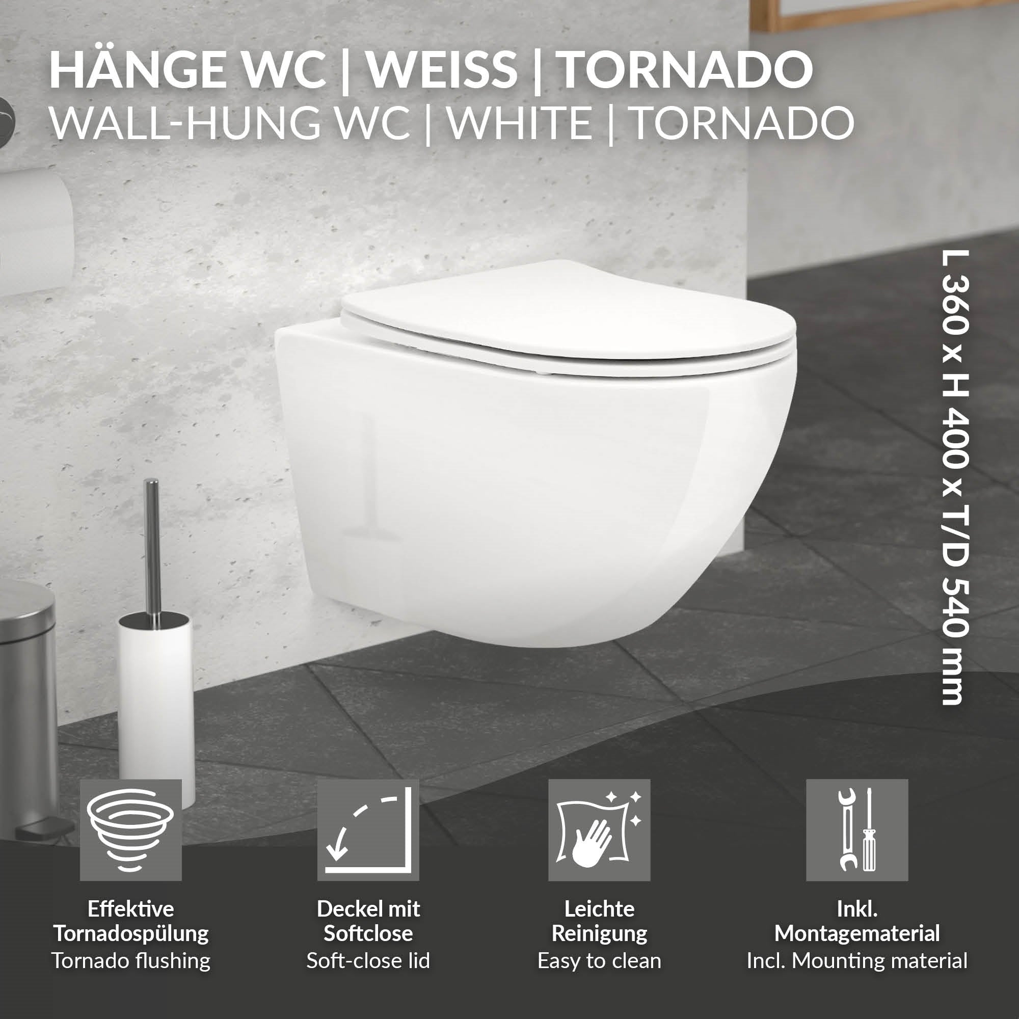 ECD Germany Sanitär WC suspendu 54cm blanc sans bride