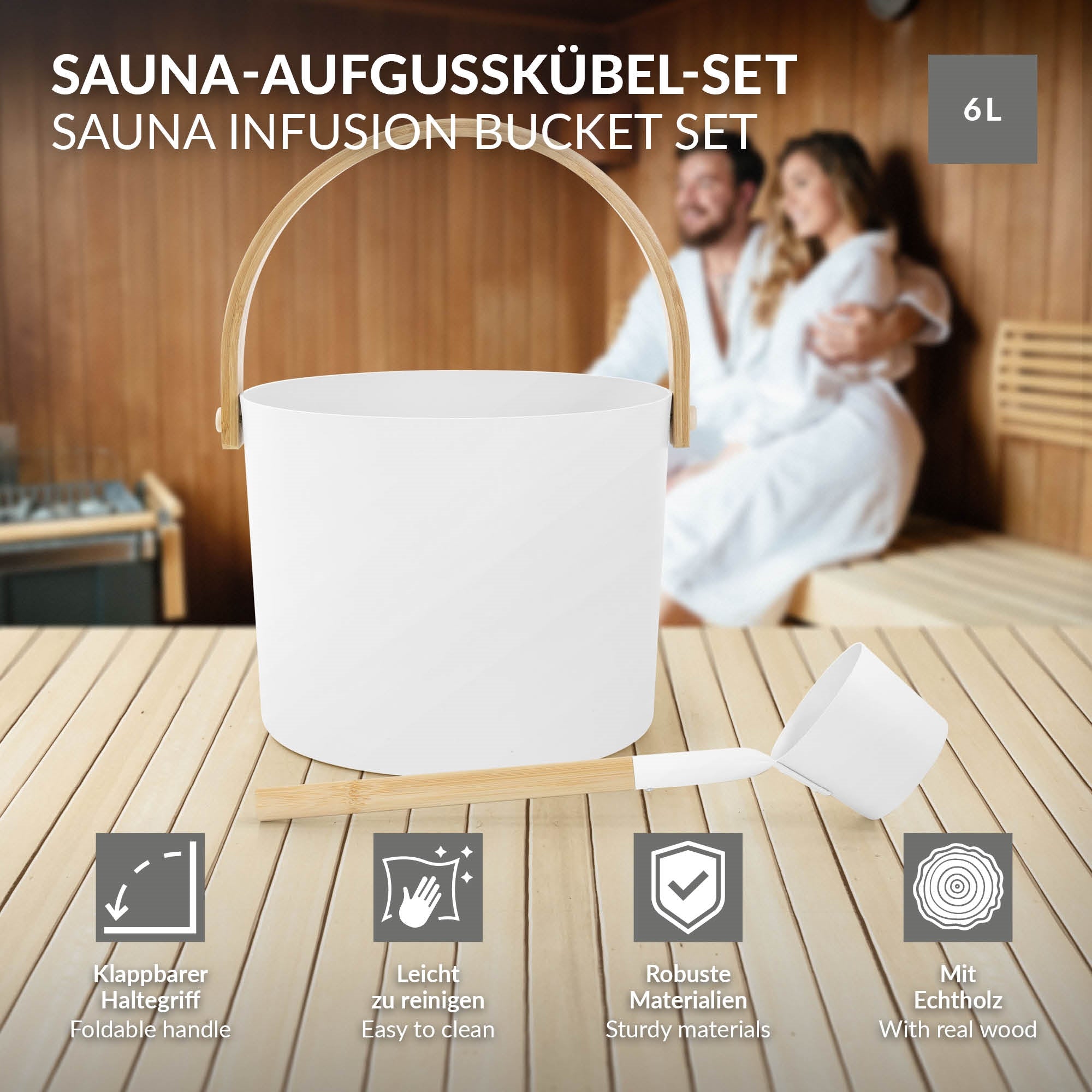 ECD Germany Haus Wohnen set sauna seau 6L blanc aluminium + louche