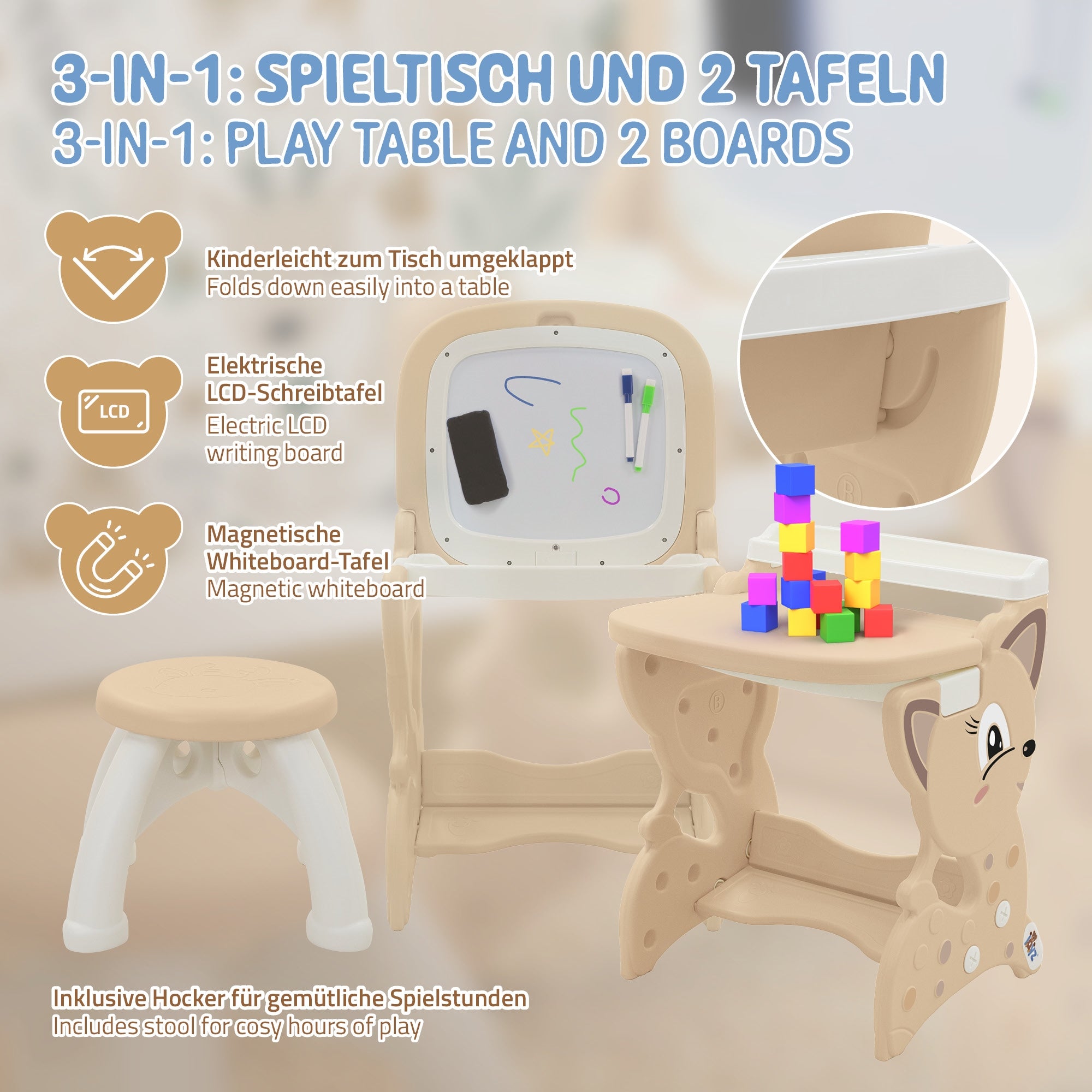ECD Germany Kinder Joyz table enfant 3-en-1 marron + tabouret