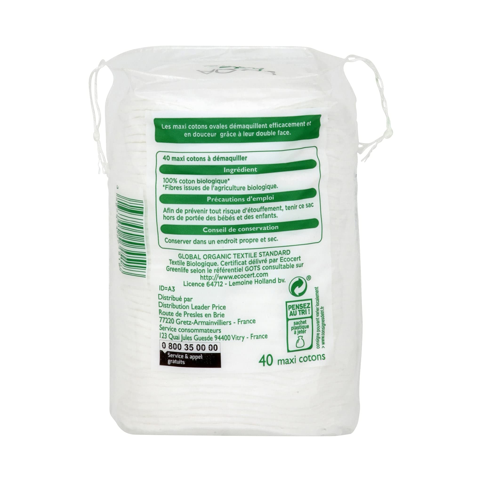 Leader Price Sooa coton démaquillant x40 douceur