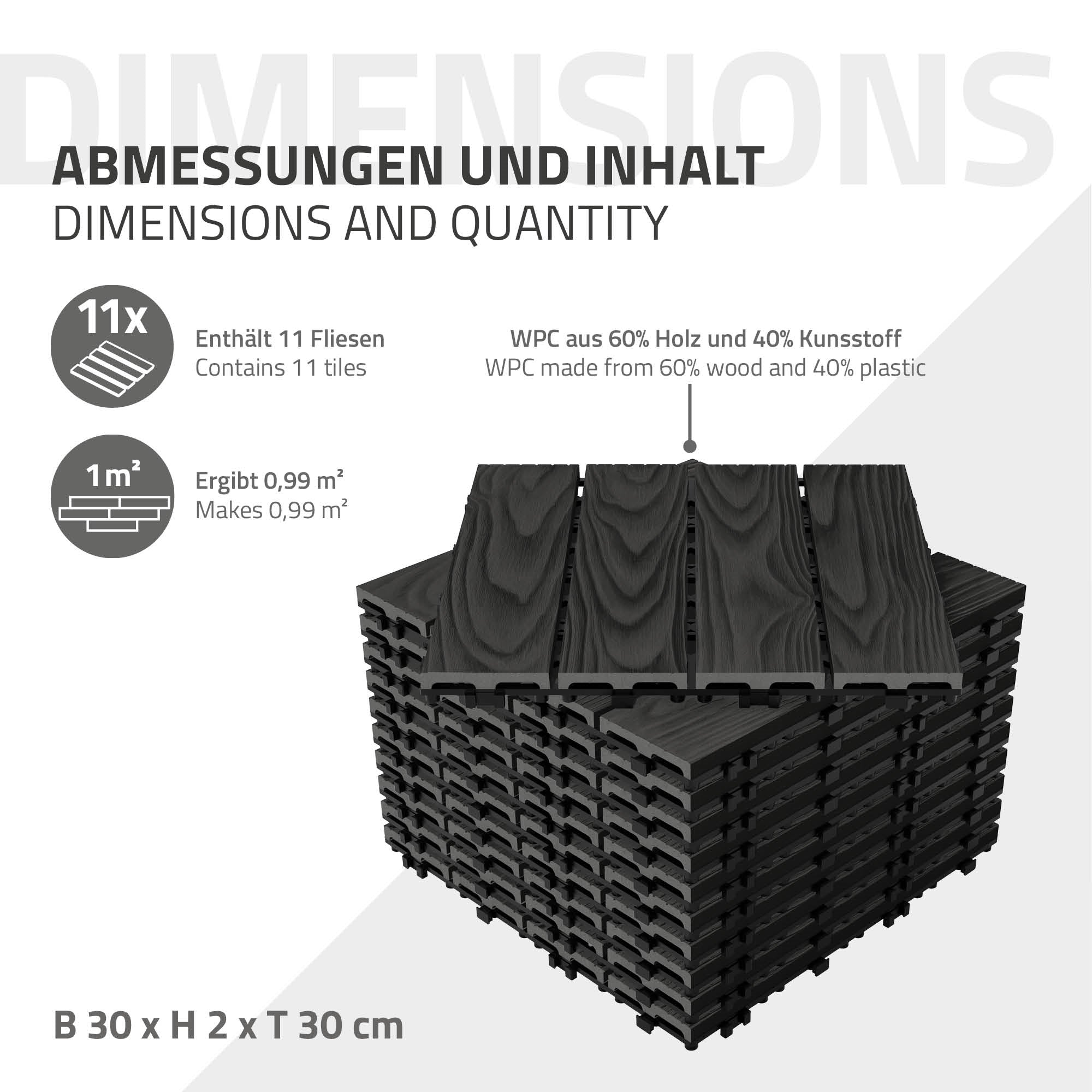 ECD Garten Dalles Terrasse WPC 30x30cm Anthracite Lot 3m²