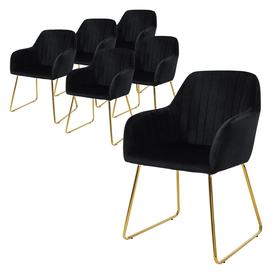 ECD Germany Chaise Velours Noir Accoudoirs Doré 6pcs