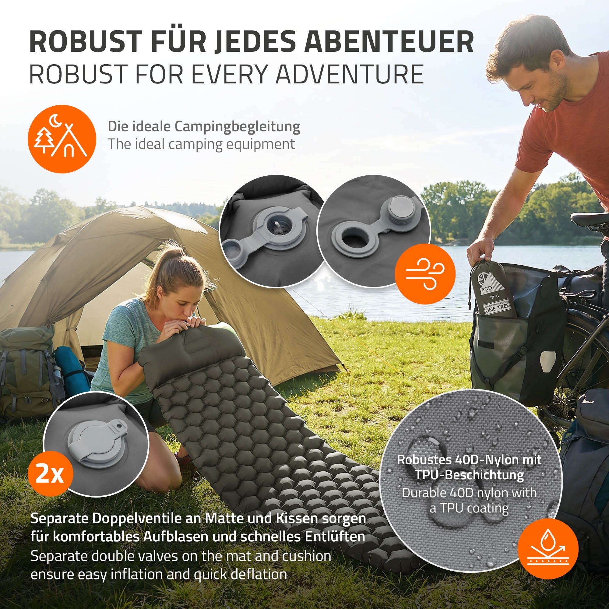 ECD Germany Sport Matelas camping gonflable gris avec oreiller