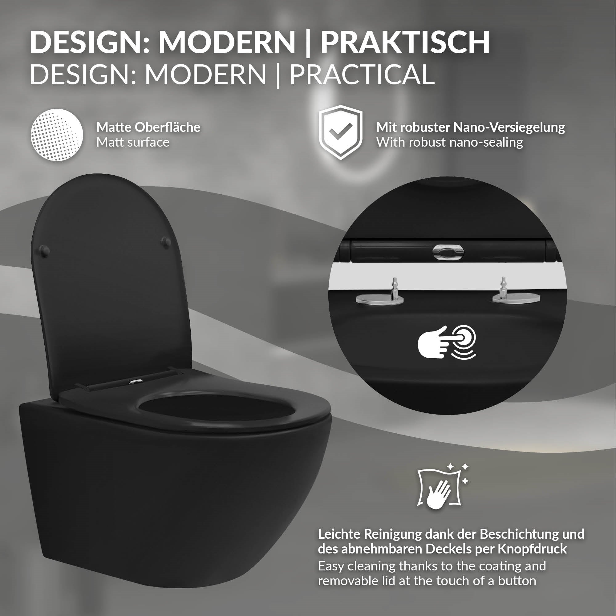 ECD Germany Sanitär WC Suspendu Noir Mat 54 cm Sans Bride