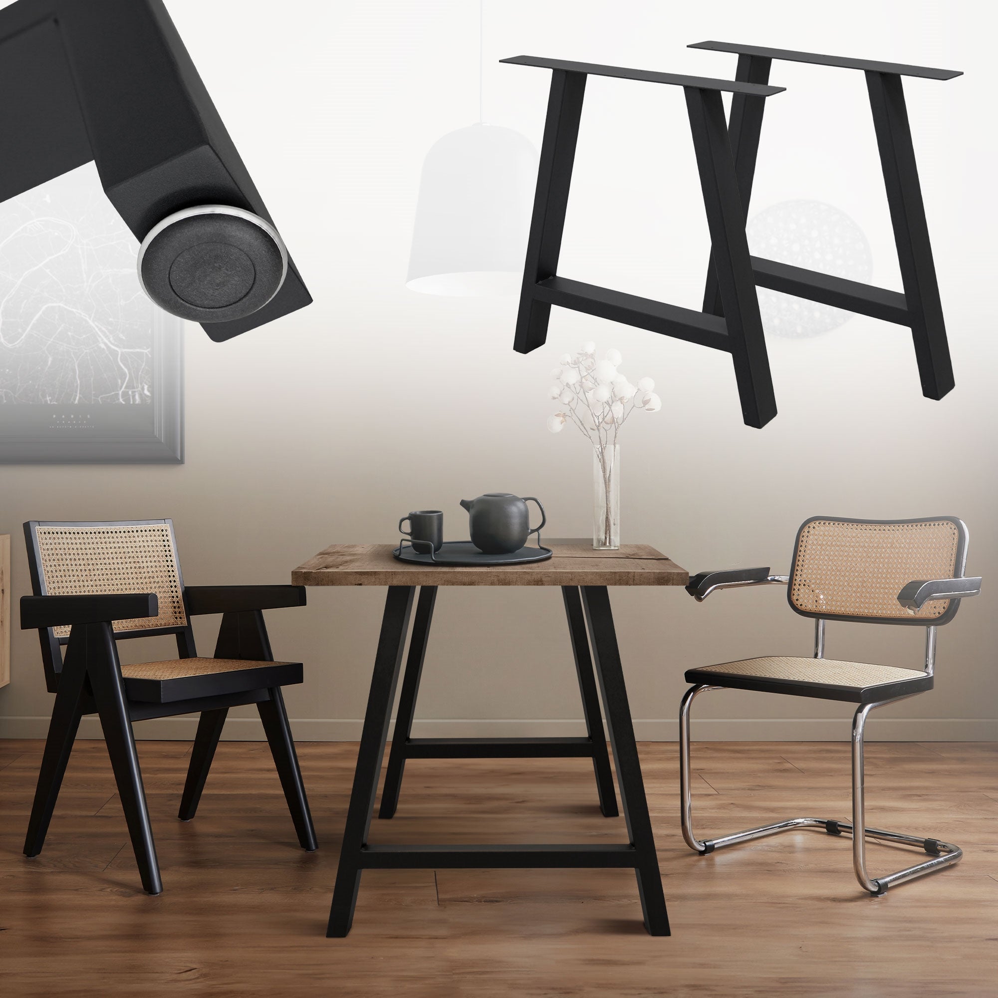 ECD Germany pieds de table A métal noir 70x72 cm lot de 2 acier