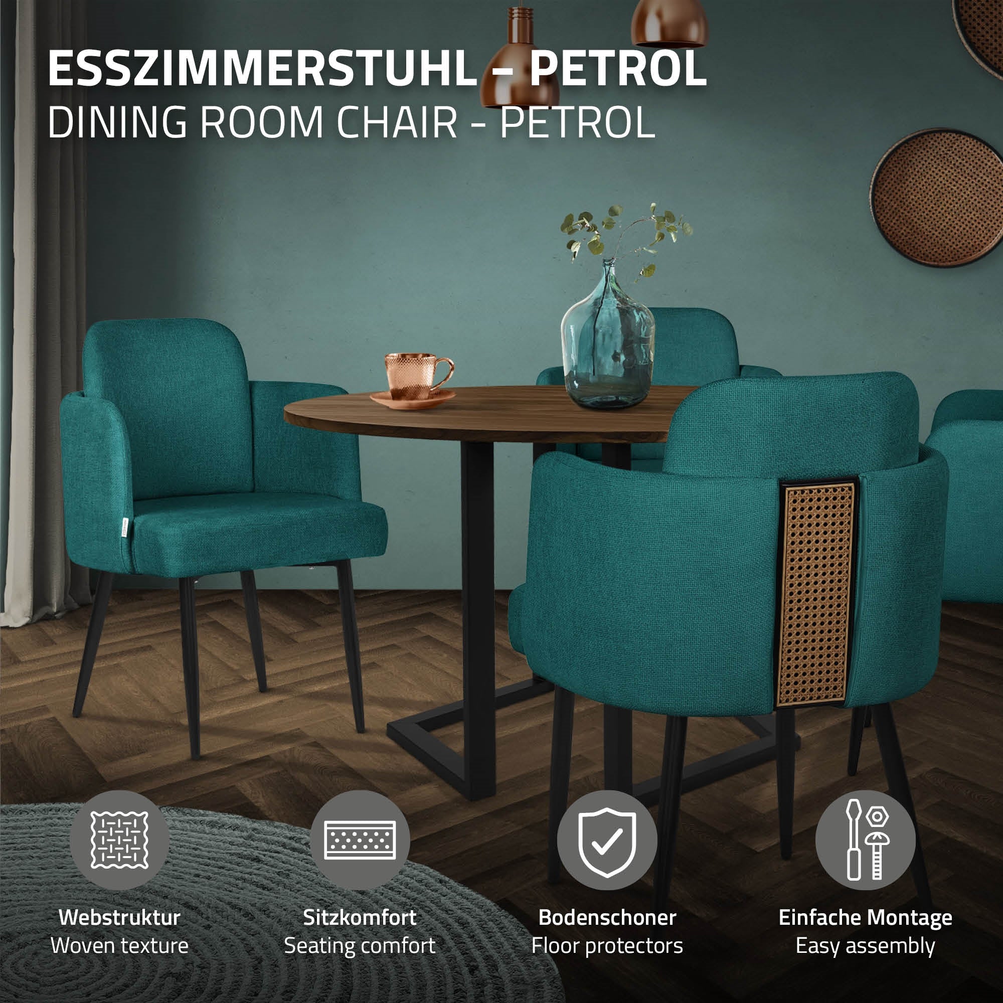 ECD Germany ML-Design Chaise rembourrée pétrole métal lot de 2