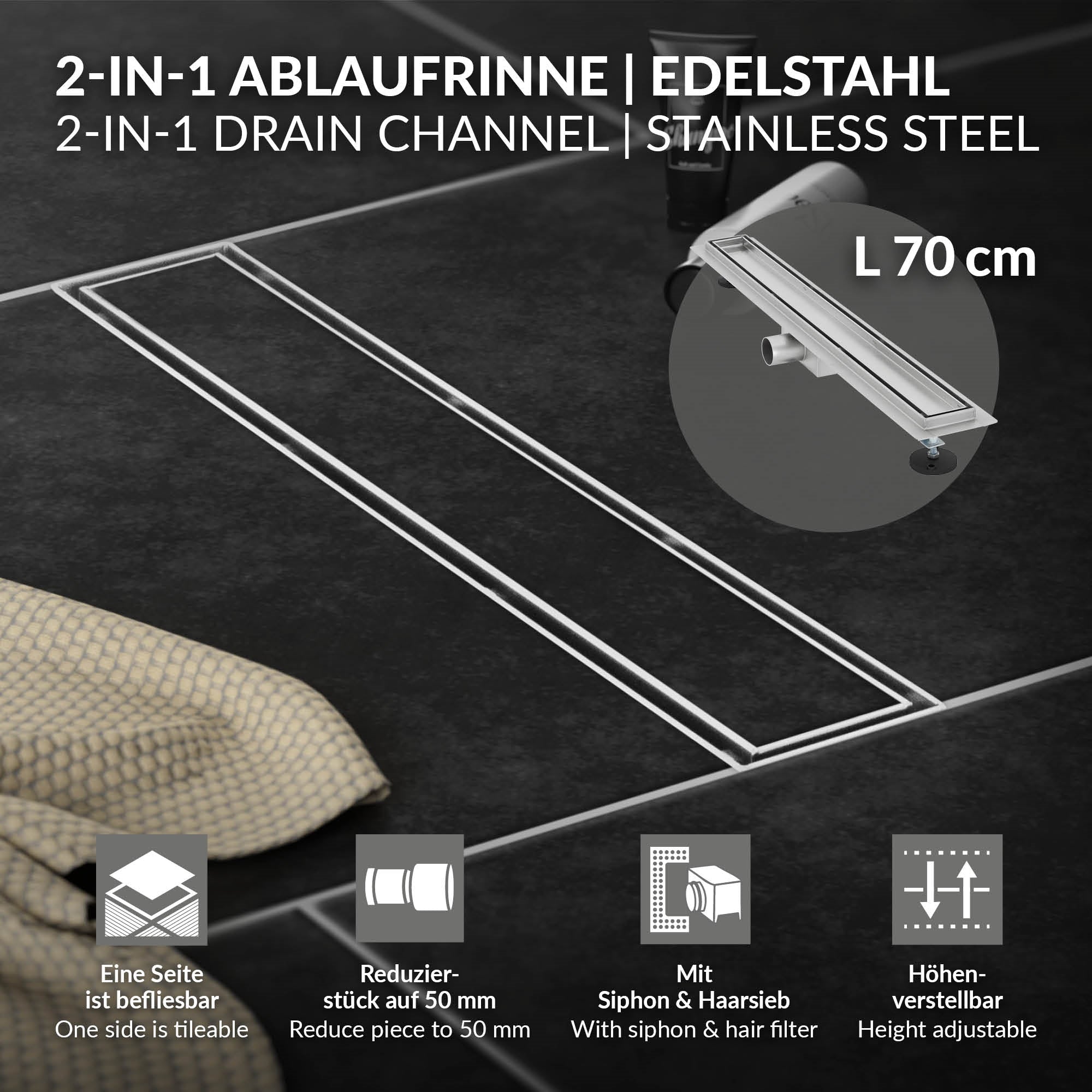 ECD Sanitär LuxeBath caniveau douche inox 70 cm argent