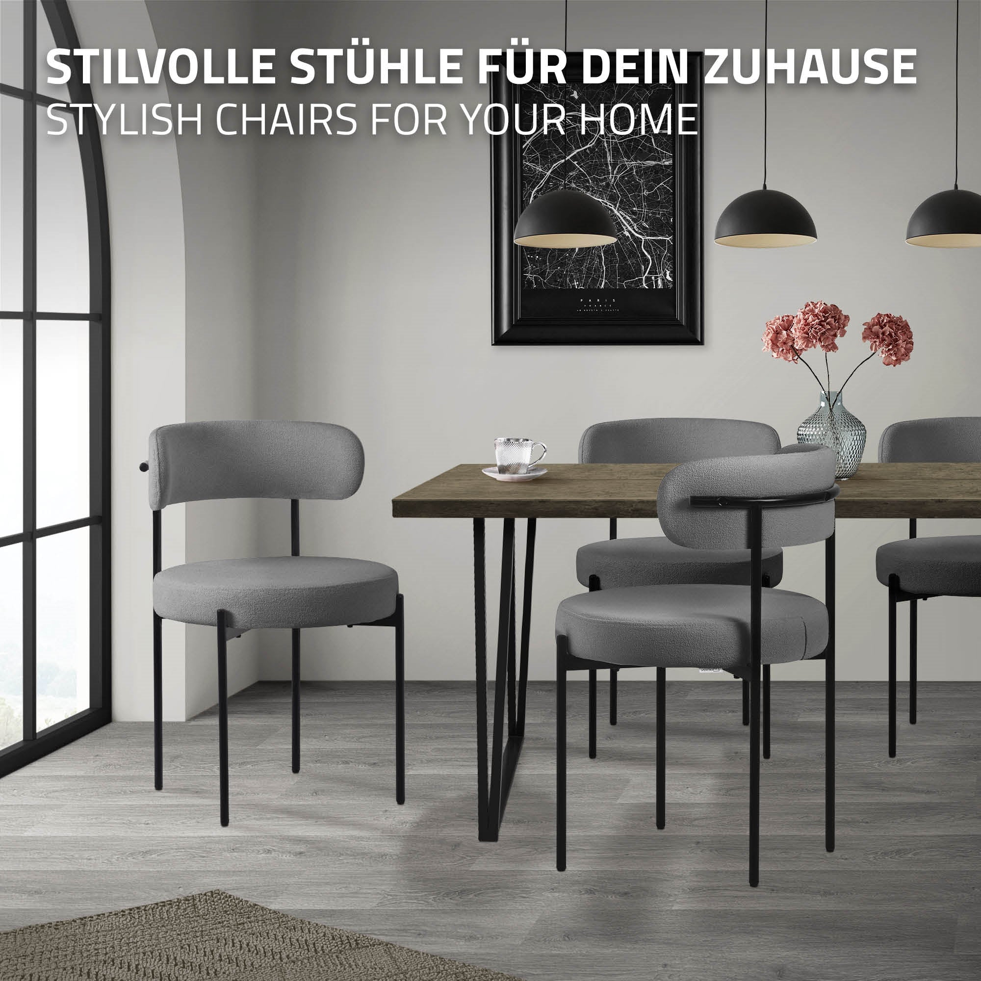 ECD Germany ML-Design lot 2 chaises bouclé gris dossier rond