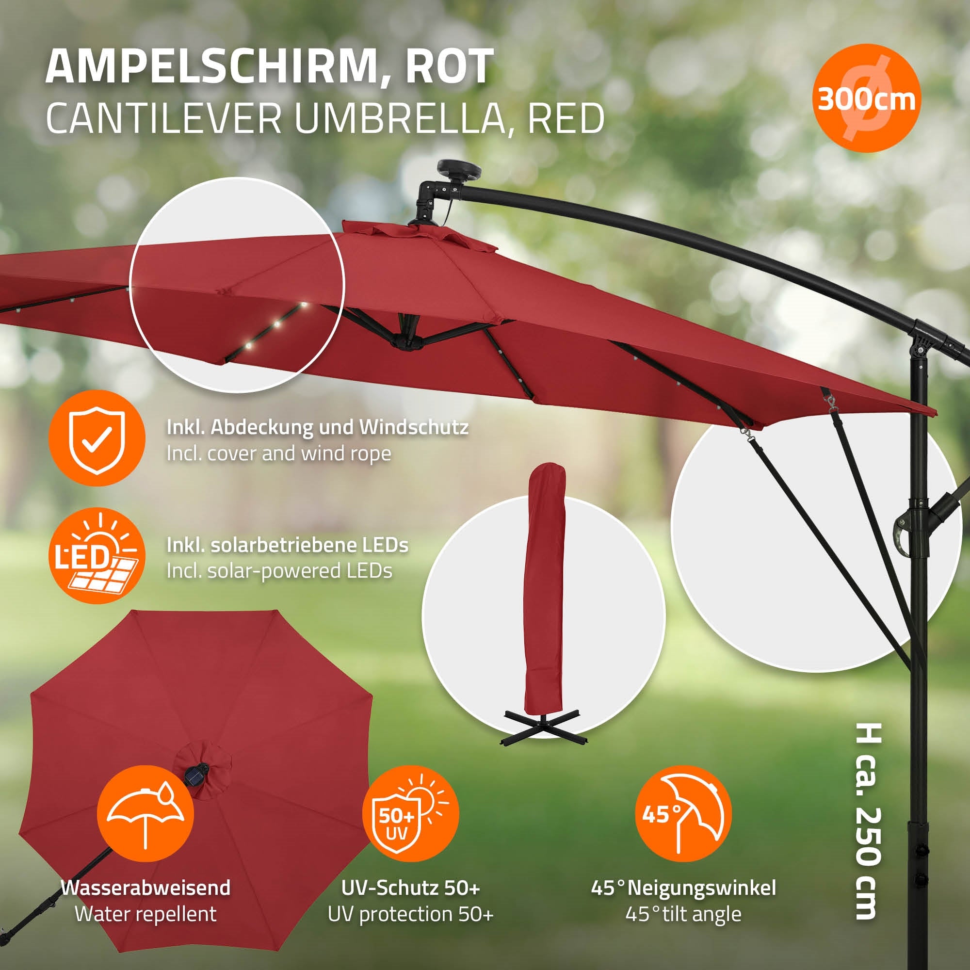 ECD Germany Garten parasol déporté Ø 300 cm rouge LED solaire
