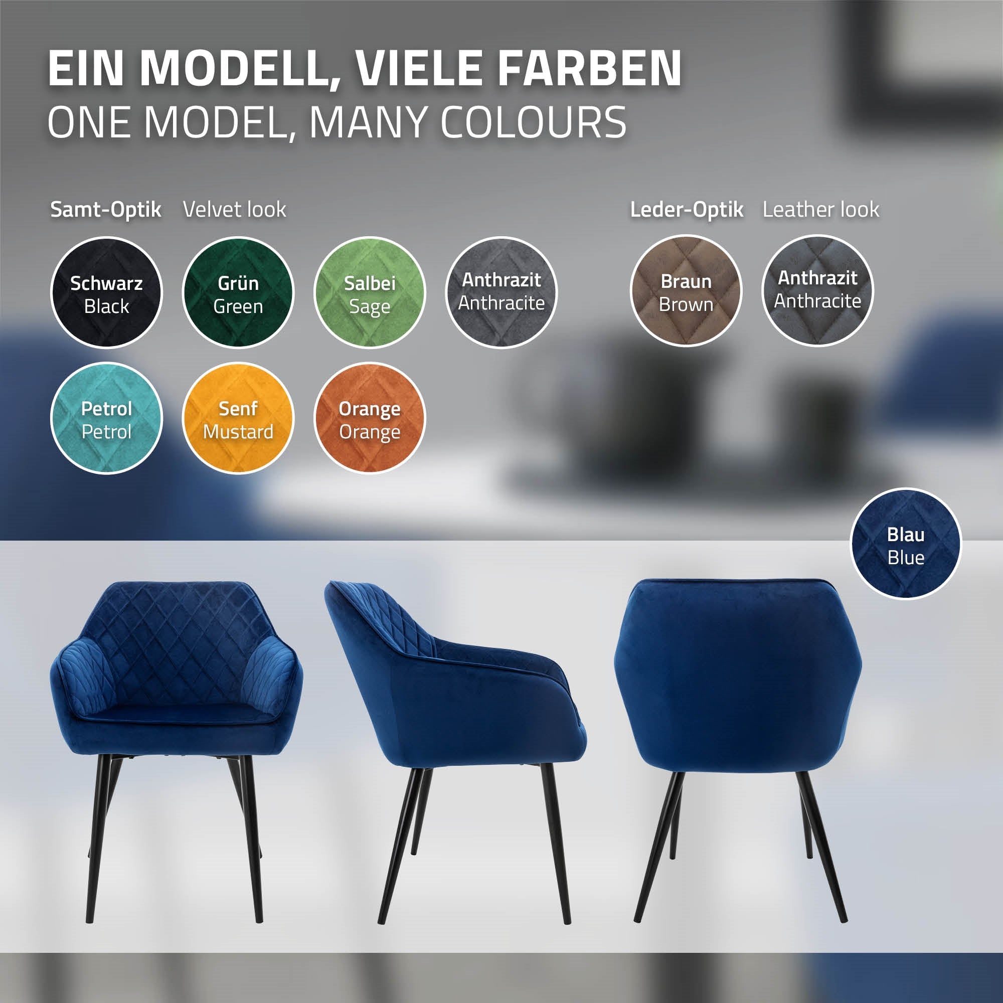 ECD Germany Möbel chaise velours bleu foncé lot de 4