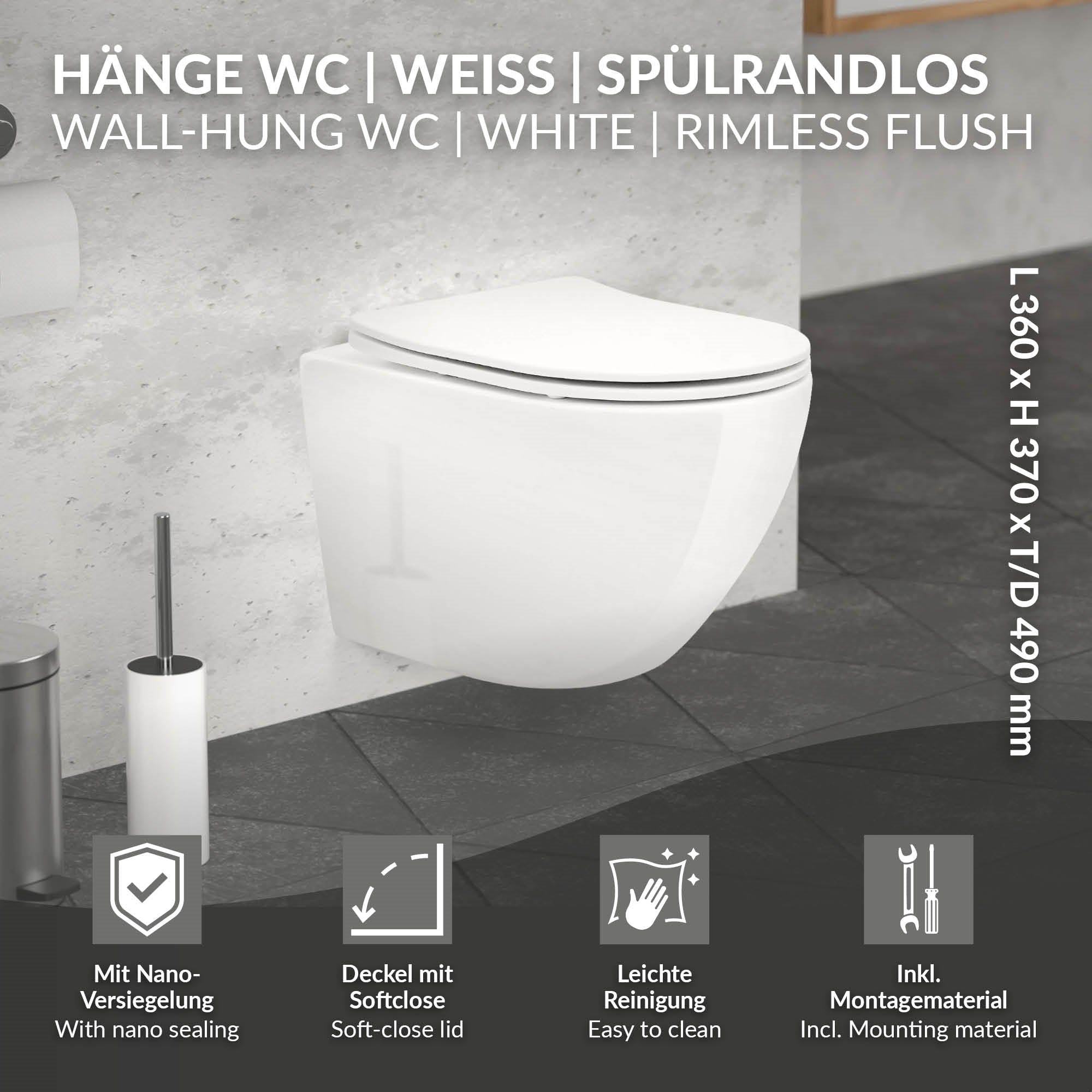 LuxeBath WC suspendu 49cm blanc sans bride nano softclose
