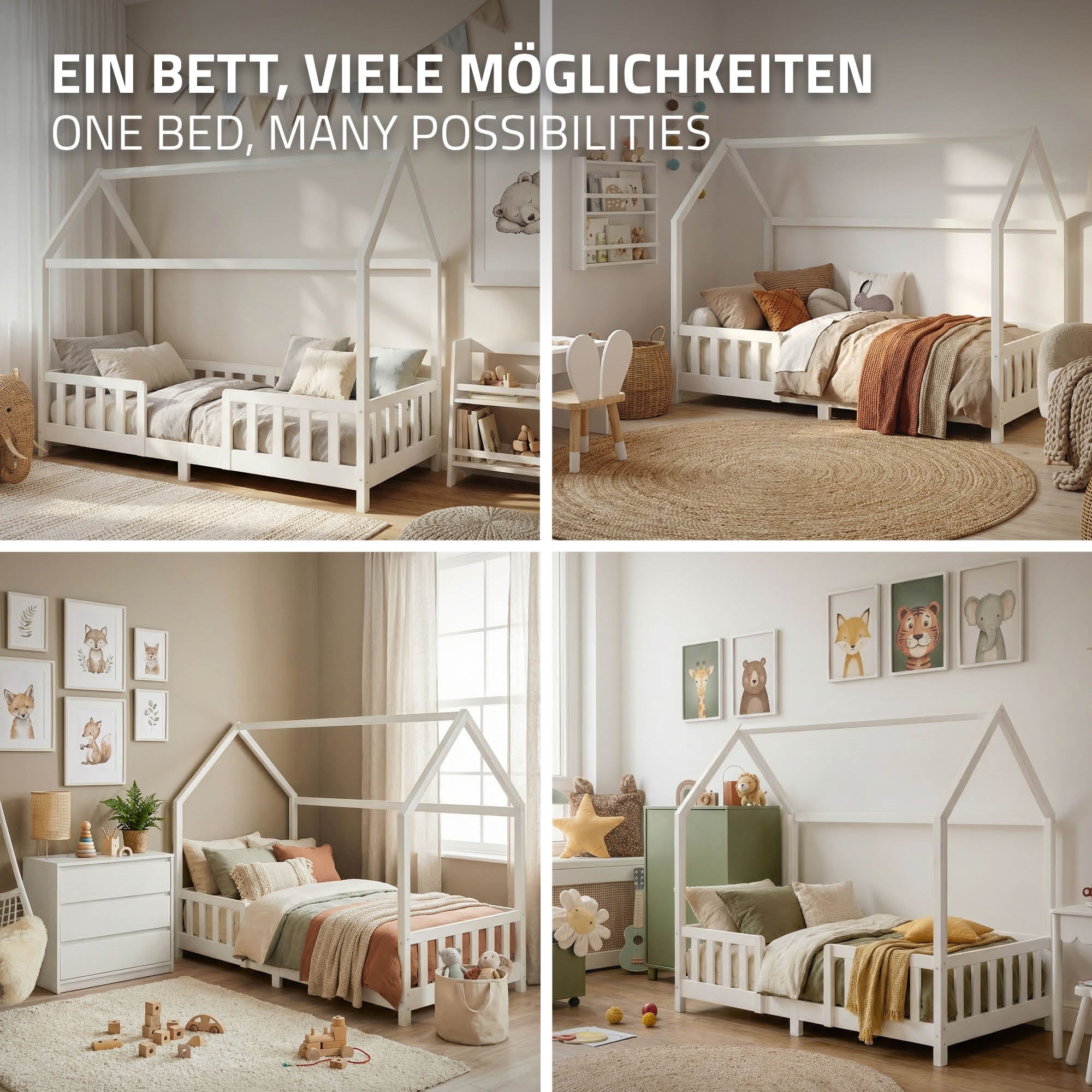 ECD Germany Kinder Lit cabane 90x200 cm blanc pin avec sommier