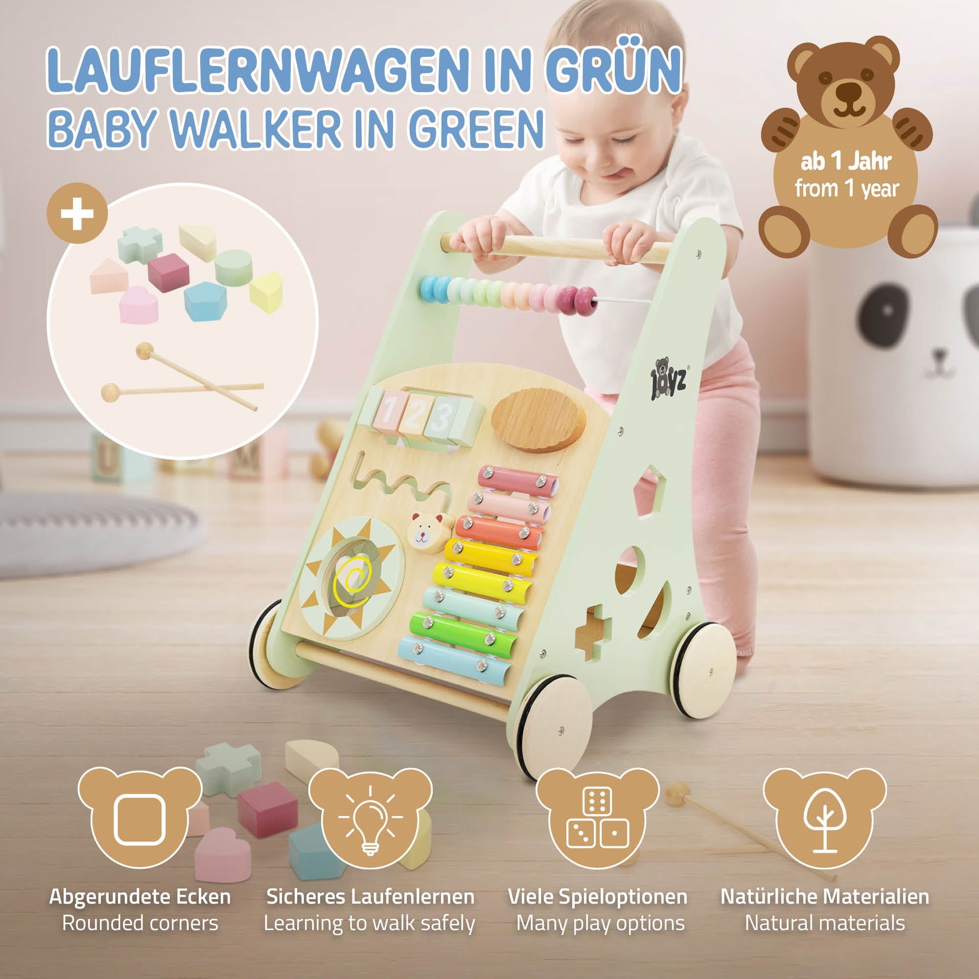 Joyz chariot de marche bois 36x32x46 cm vert 7 activités
