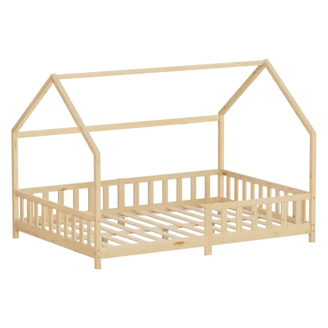 ECD Germany Lit cabane enfant 140x200 pin naturel barrière